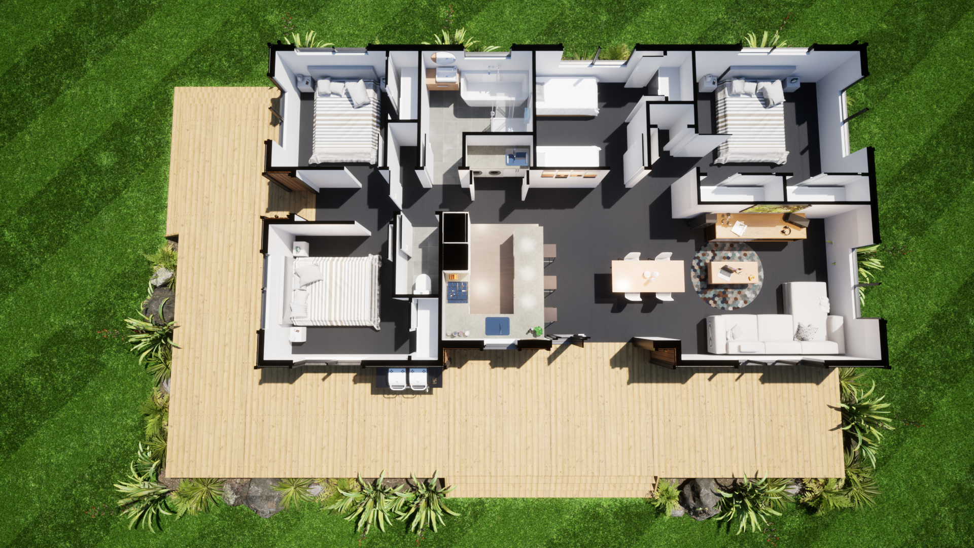 Top-down view of a house floor plan with three bedrooms, a bathroom, a kitchen with an island, a dining area, living room with a sofa, and an outdoor wooden deck surrounded by grass and plants.