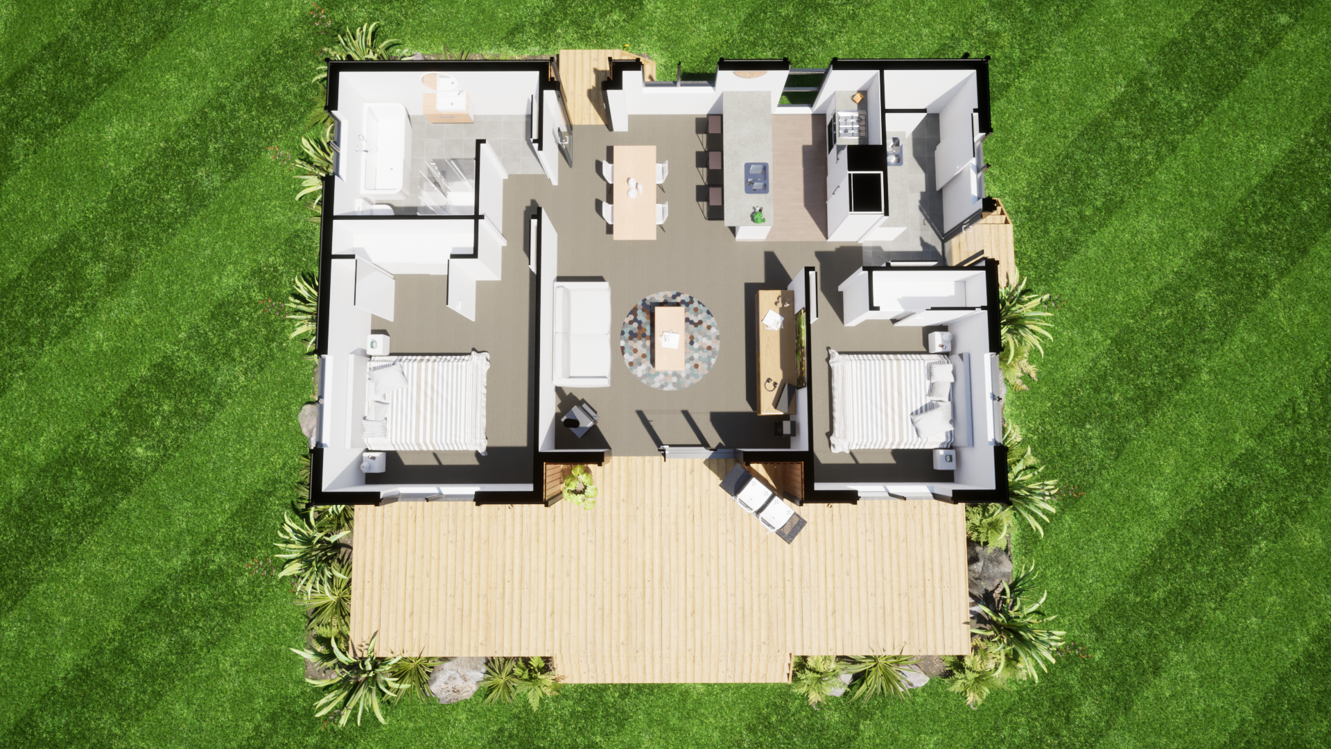A top-down view of a modern house with a spacious wooden deck, surrounded by green grass and tropical plants. The interior shows a living room, dining area, kitchen, two bedrooms, and a bathroom.