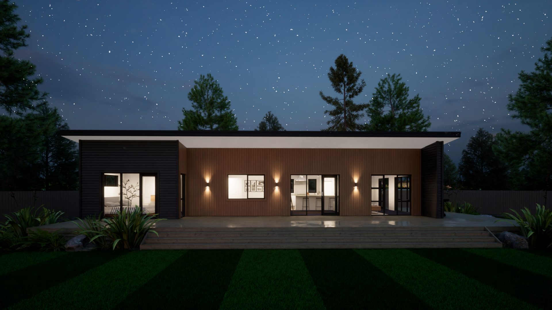 A modern single-story house at night with exterior lights on, surrounded by a yard with grass, plants, and trees, under a starry sky.