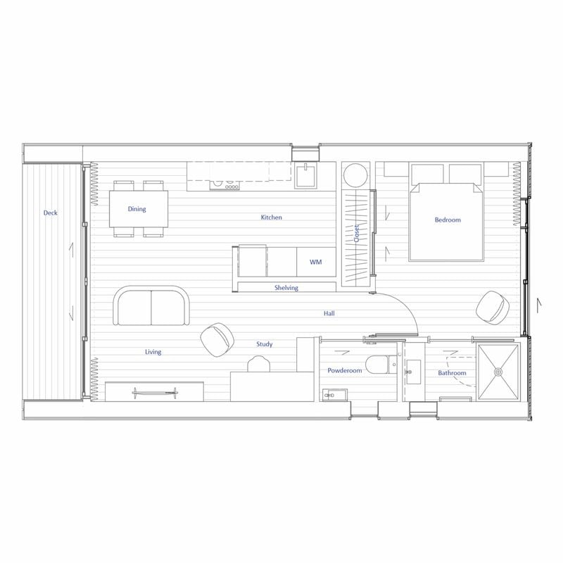 Floor plan of a small house with labeled rooms including a deck, dining area, kitchen, living room, study, hall, bedroom, powder room, bathroom, and closet.