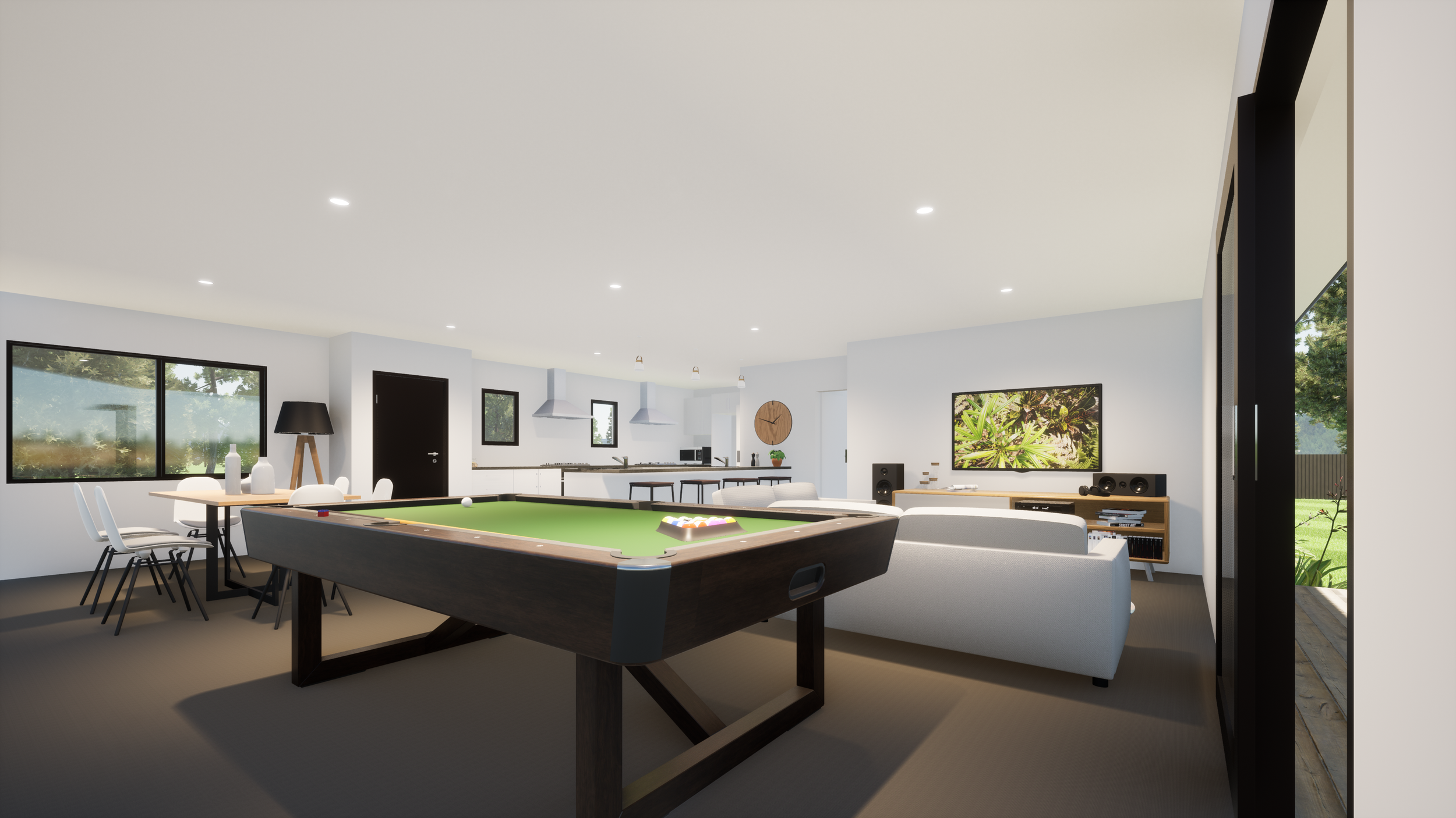 Spacious modern living room with large window, entertainment system, pool table, dining area, and open kitchen.