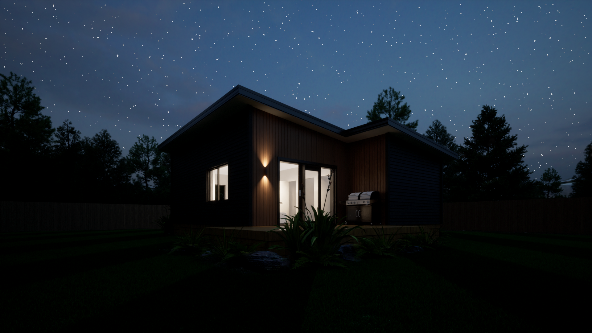 Nighttime view of a house with interior lights on, grill outside, under a starry sky with trees in the background.