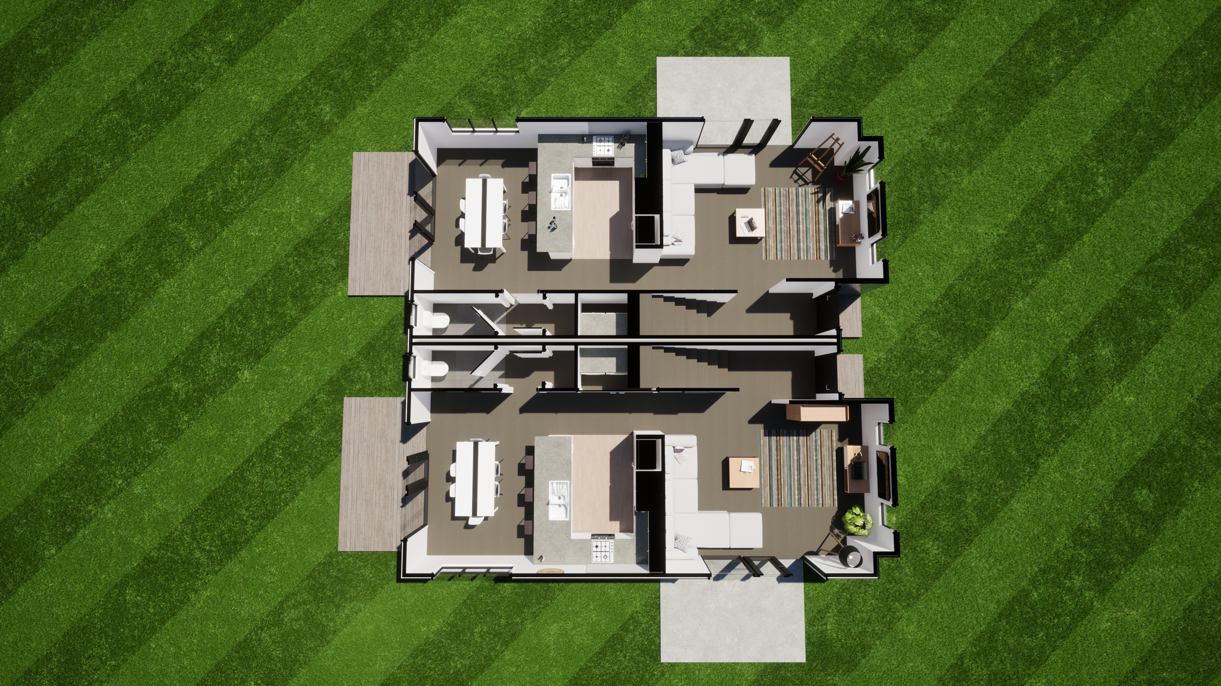 Top-down view of a duplex house floor plan with two mirrored units, each featuring a living room, kitchen, dining area, two bedrooms, and bathrooms, surrounded by green lawn and concrete walkways.