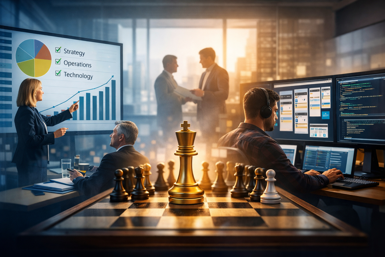 An office scene with a chessboard and chess pieces in the foreground, people working at computers in the middle, and two men shaking hands in the background with a cityscape view through large windows.