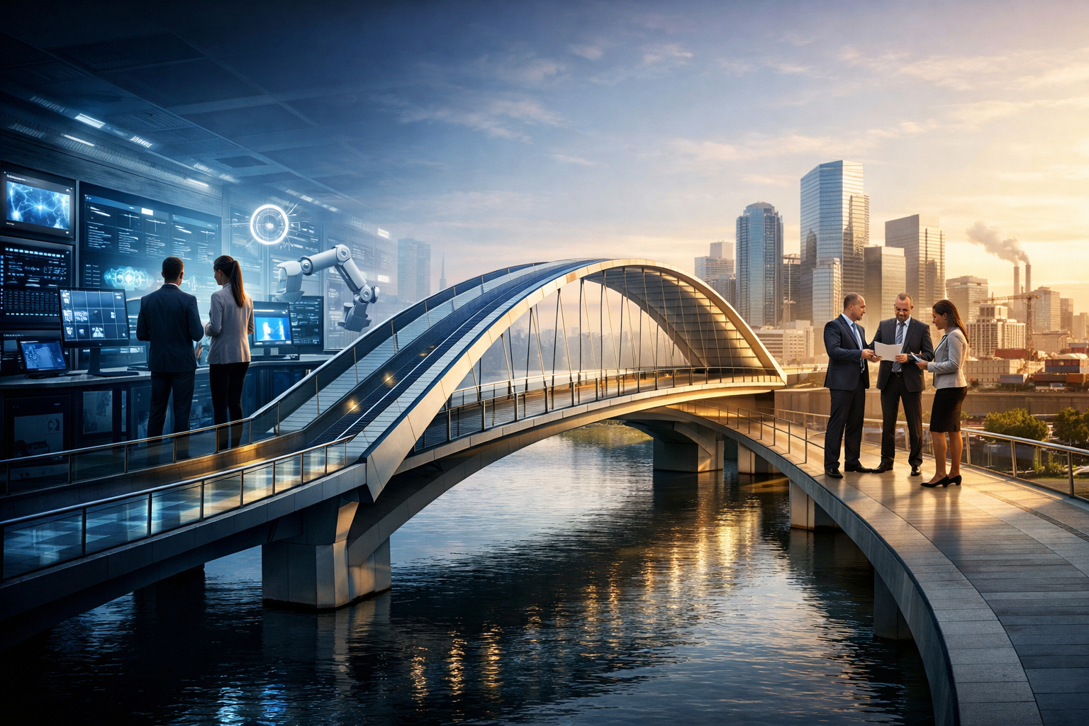 Business SAP professionals on a modern bridge with a city skyline in the background. On the left, people are working in a high-tech office with digital displays and robotic arms. On the right, three people in business attire are reviewing documents.
