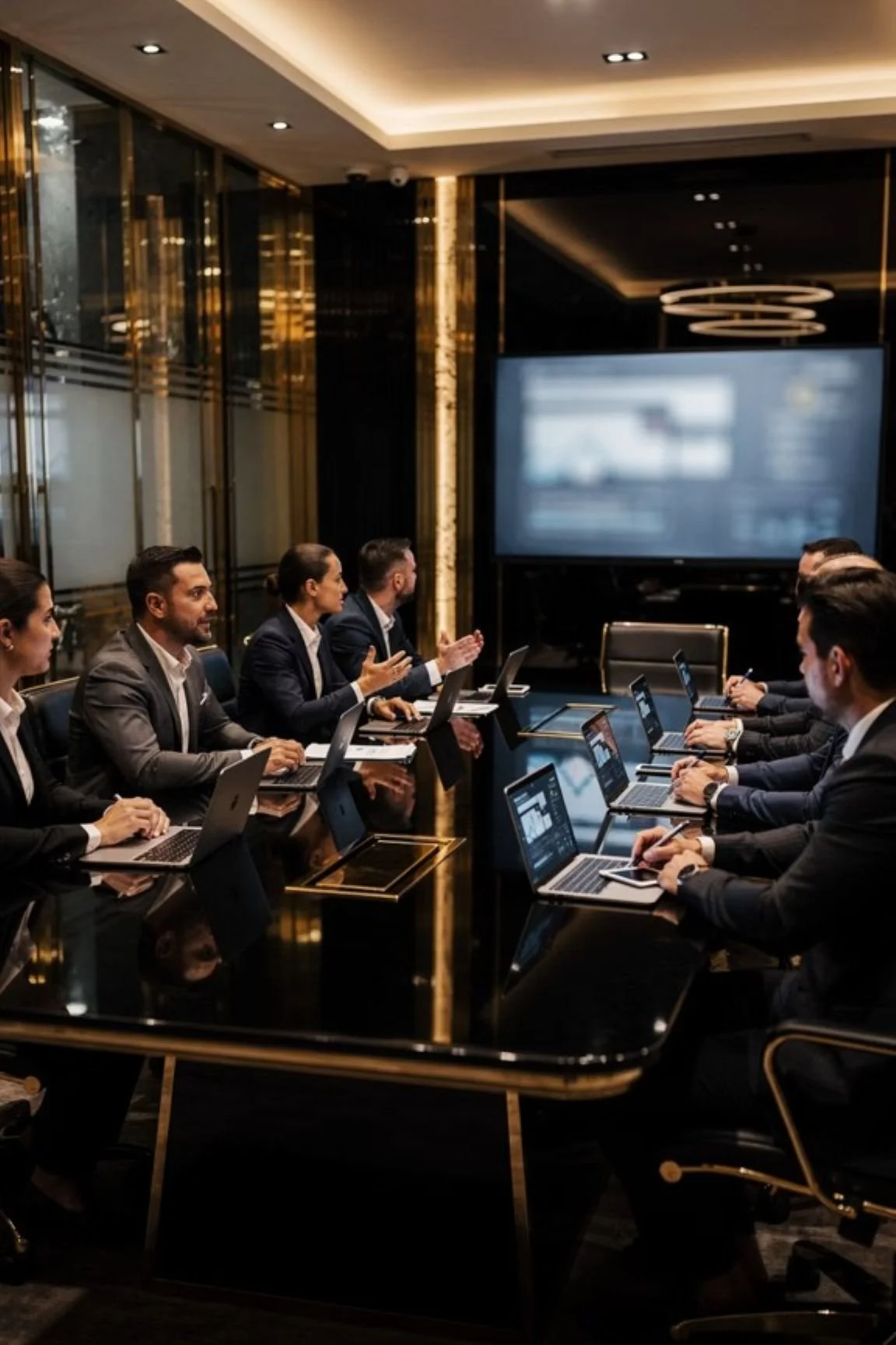Business meeting in a modern conference room with professionals seated on both sides of a large black glossy table, working on laptops, with a large screen on the wall, and Gold accents on the walls and furniture.