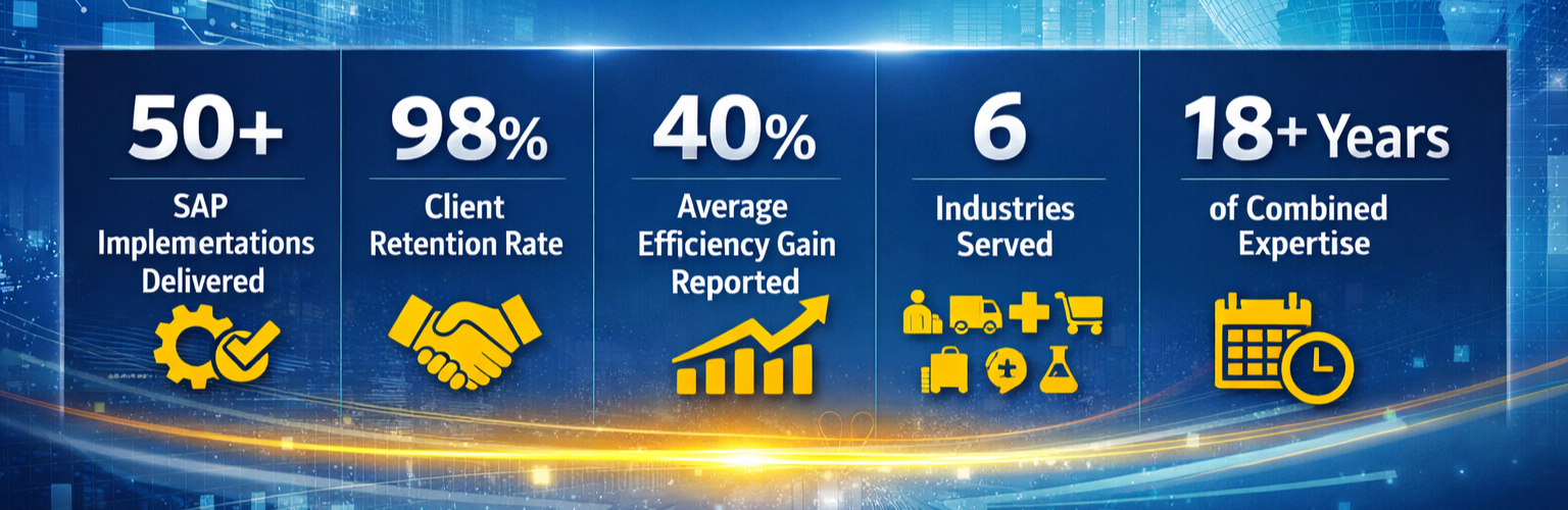Infographic highlighting company achievements including 50+ SAP implementations, 98% client retention rate, 40% efficiency gain, serving 6 industries, and over 18 years of expertise, with icons representing each statistic.