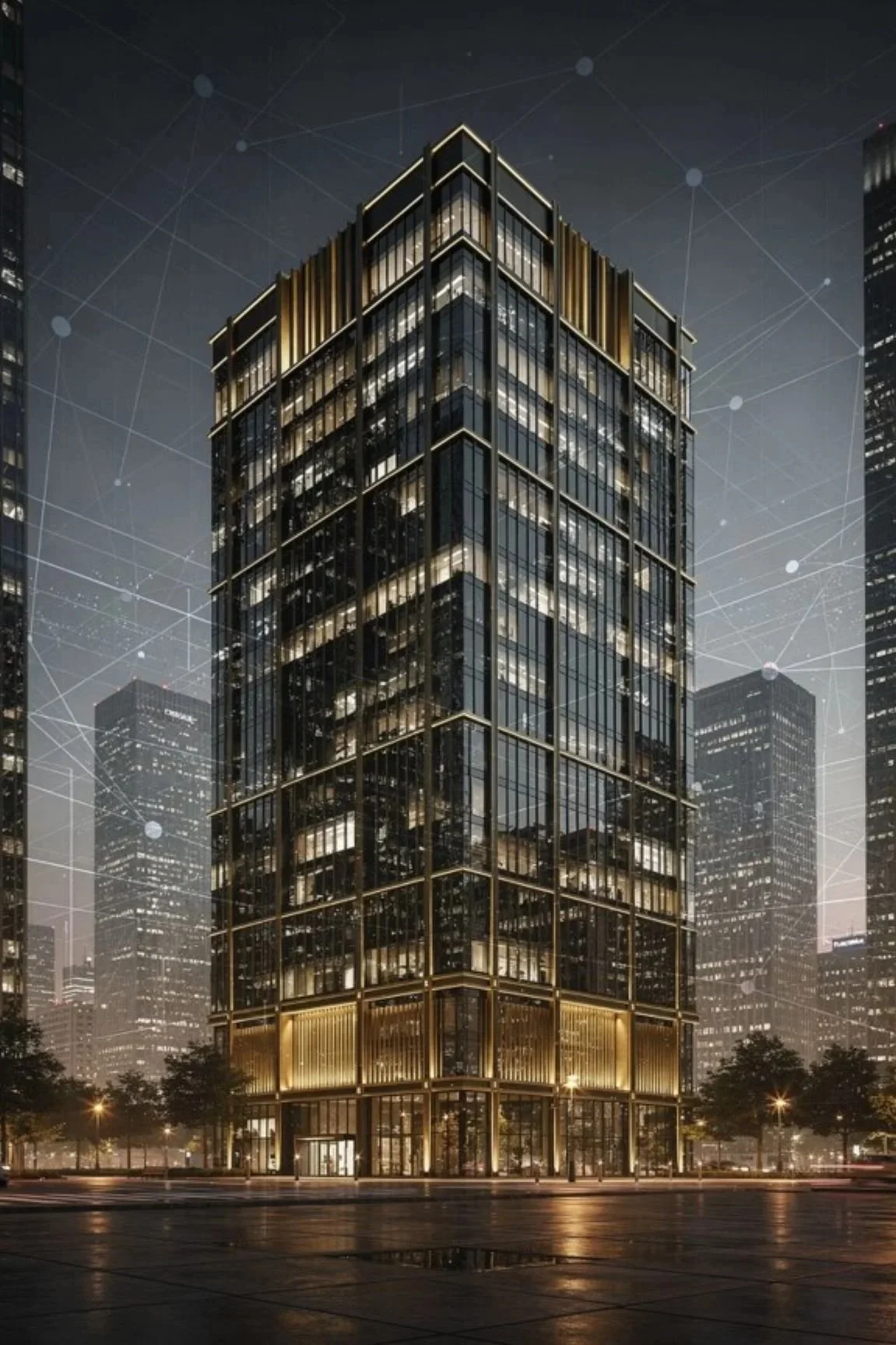 Nighttime city scene featuring a tall modern glass building with illuminated edges, surrounded by other high-rise buildings in the background. Tobon Solution Services