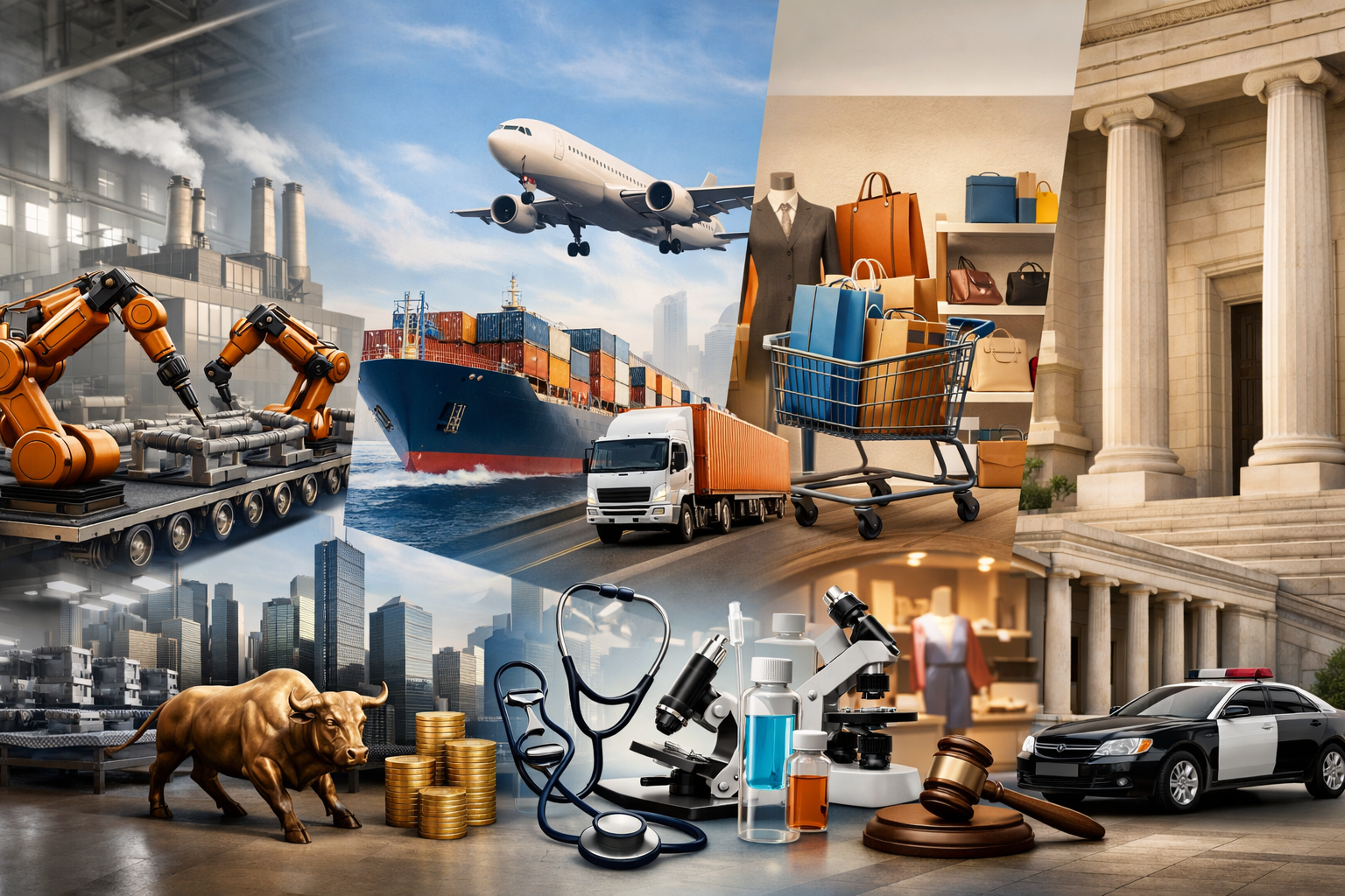 A collage of various scenes including industrial robotics in a factory, a cargo ship with containers, a commercial airplane flying, a truck transporting goods, a shopping cart filled with boxes, a courthouse with columns, a golden bull statue with stacked coins, medical equipment including a microscope and stethoscope, pharmaceutical bottles, a judge's gavel, and a police car.