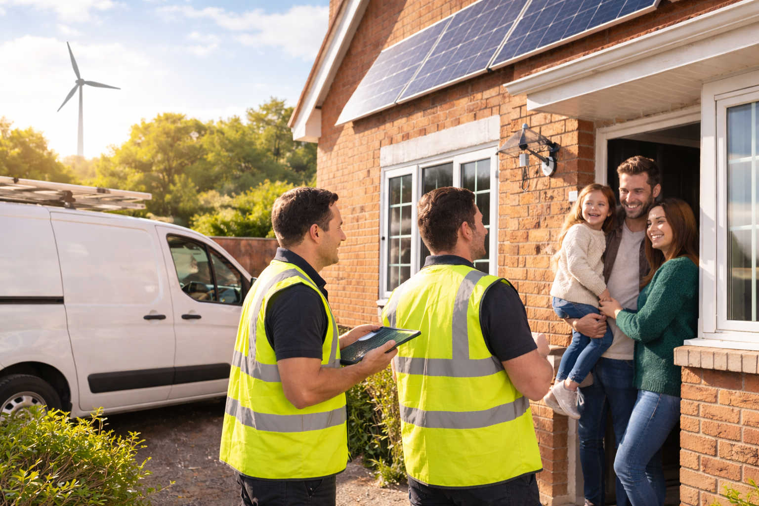 A family standing at the door of their brick house, smiling and holding their daughter, while two workers in high-visibility vests discuss something outside.