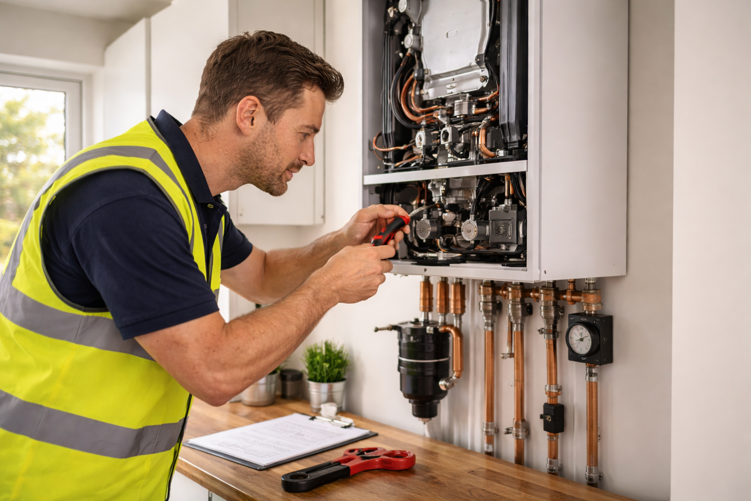 A technician installing and replacing an old boiler or heating system in the UK.