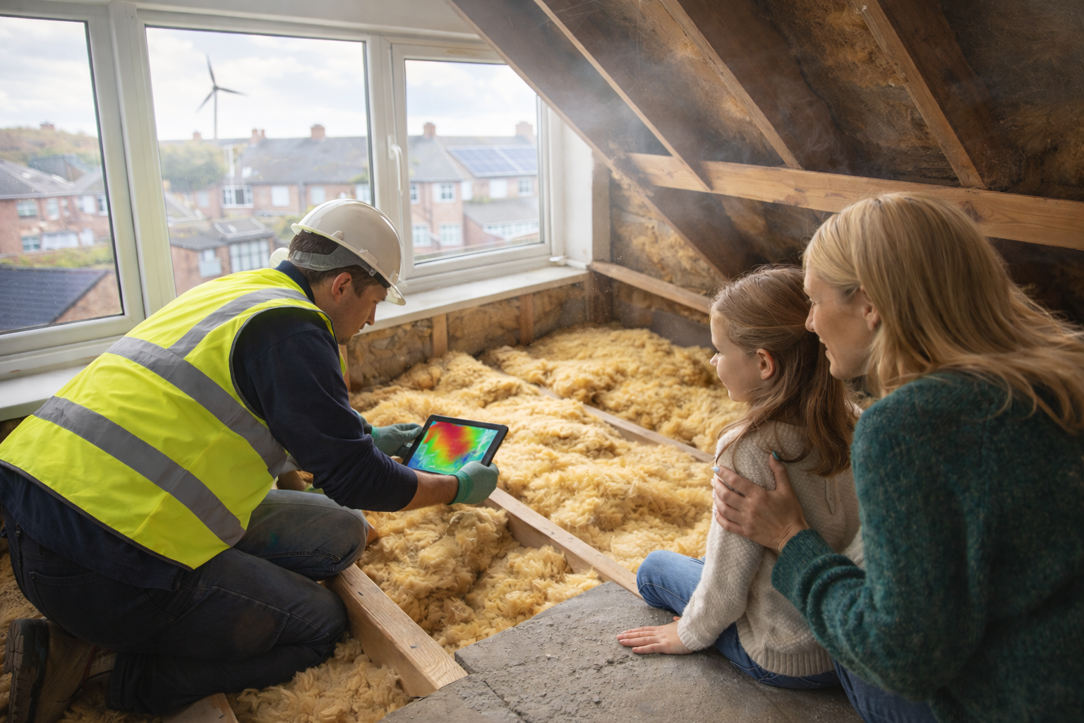 A man in a yellow safety vest and hard hat uses a thermal imaging device to inspect insulation, while a woman and a young girl observe. They are in an attic with recent insulation installation, next to a large window showing houses and a wind turbine outside.