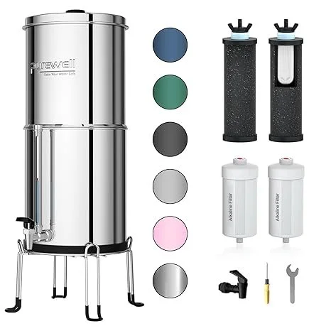 Water filtration system with three color options, replacement filters, and installation tools.