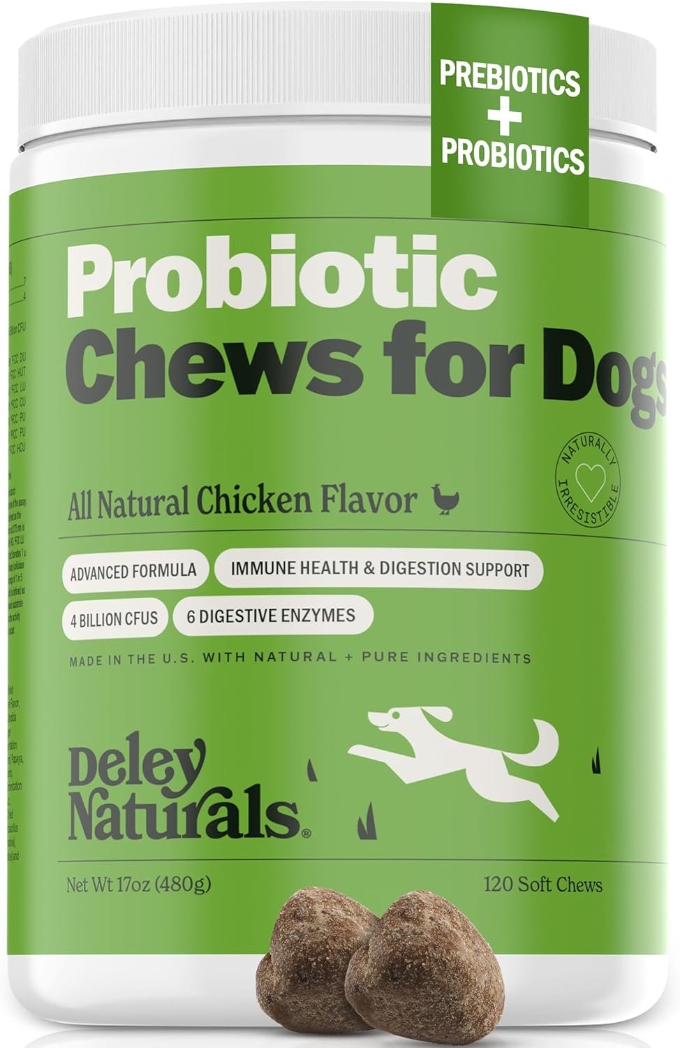 Green container of Deley Naturals probiotic chews for dogs with natural chicken flavor, 120 soft chews, featuring icons for natural ingredients and immune support.