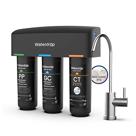 Waterdrop three-stage reverse osmosis water filtration system with faucet.