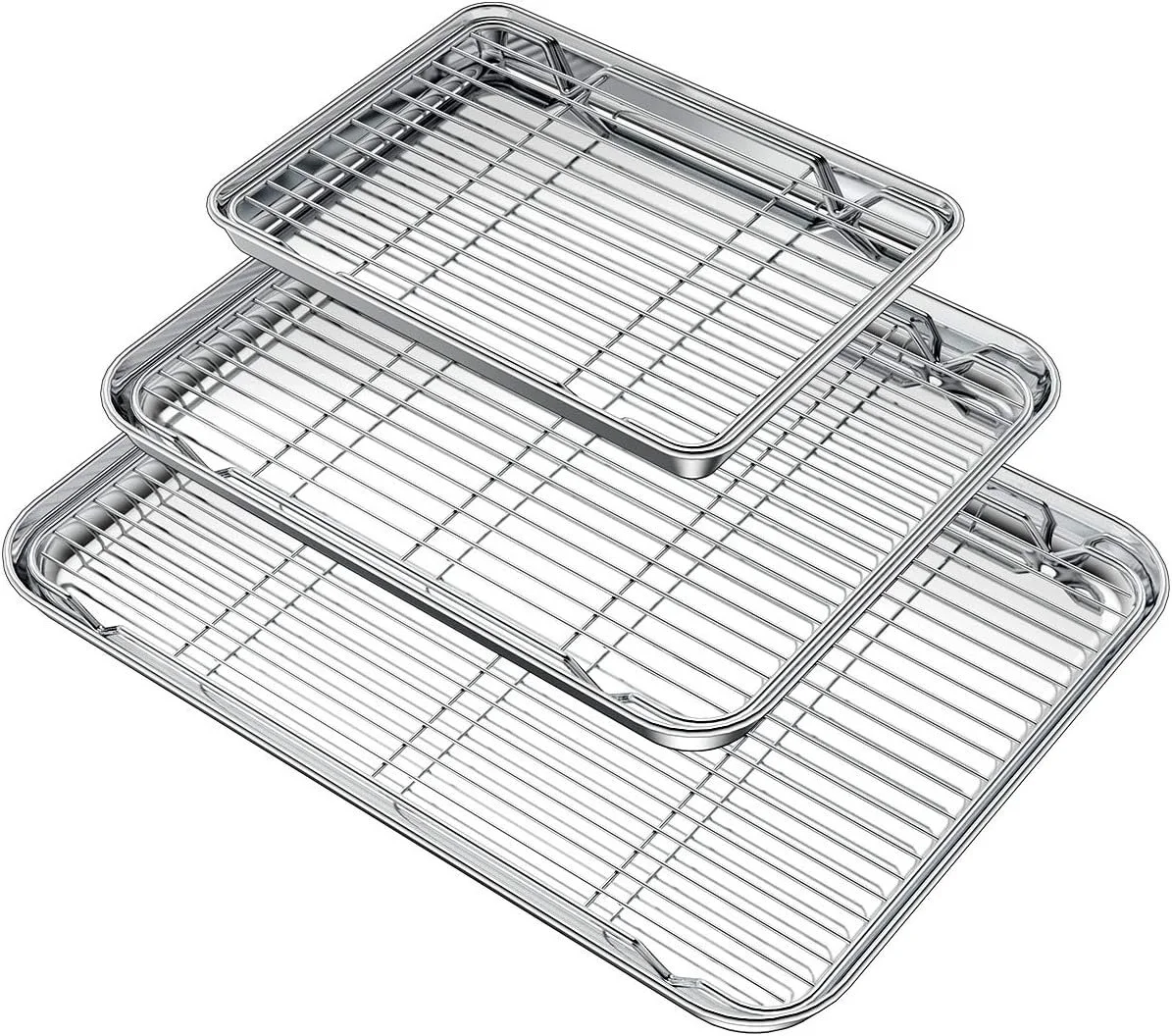 Three stacked stainless steel wire racks, each with handles, on a white background.