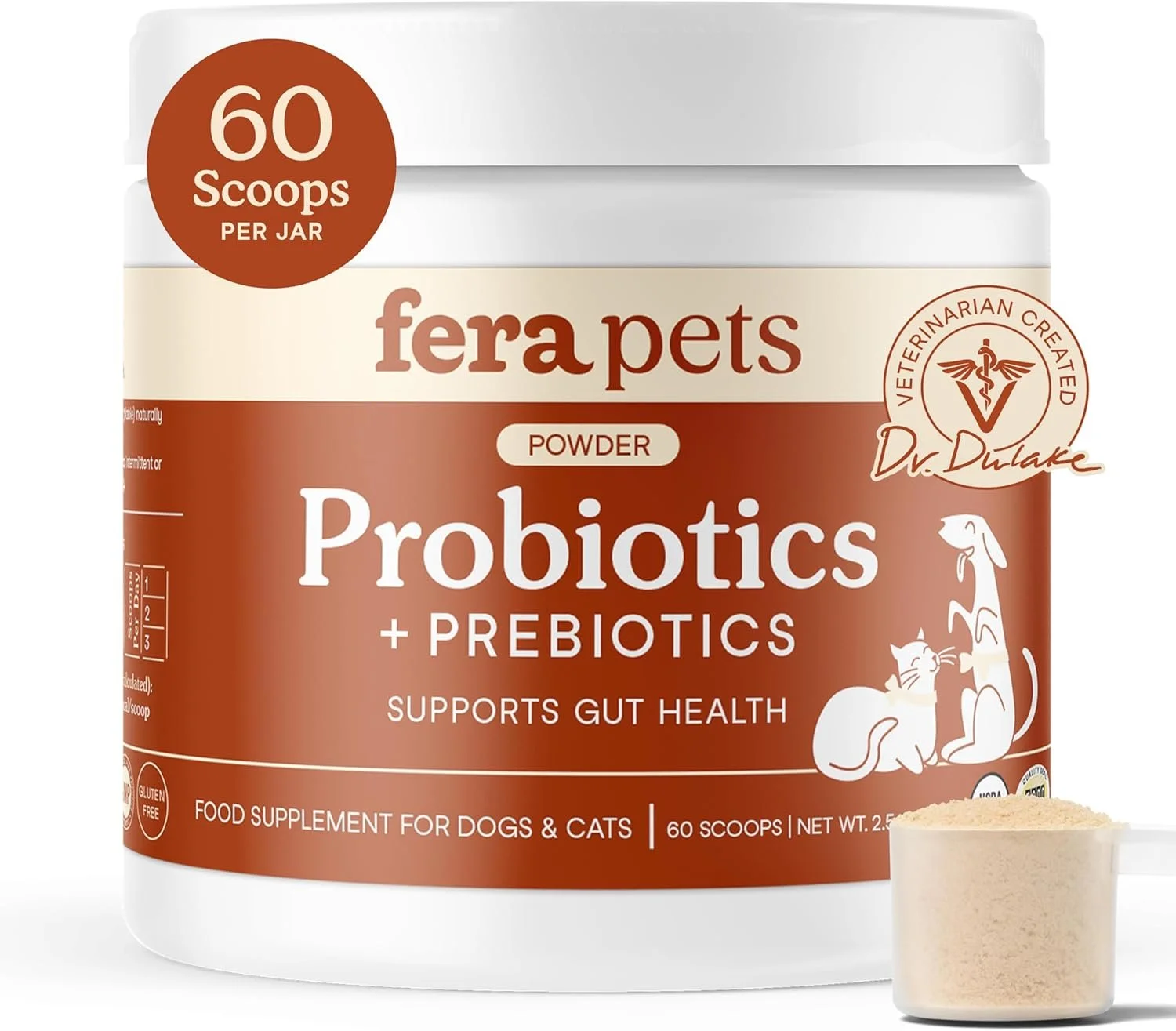 A white container of Fera Pets probiotics and prebiotics powder for dogs and cats, with a scoop of powder beside it.