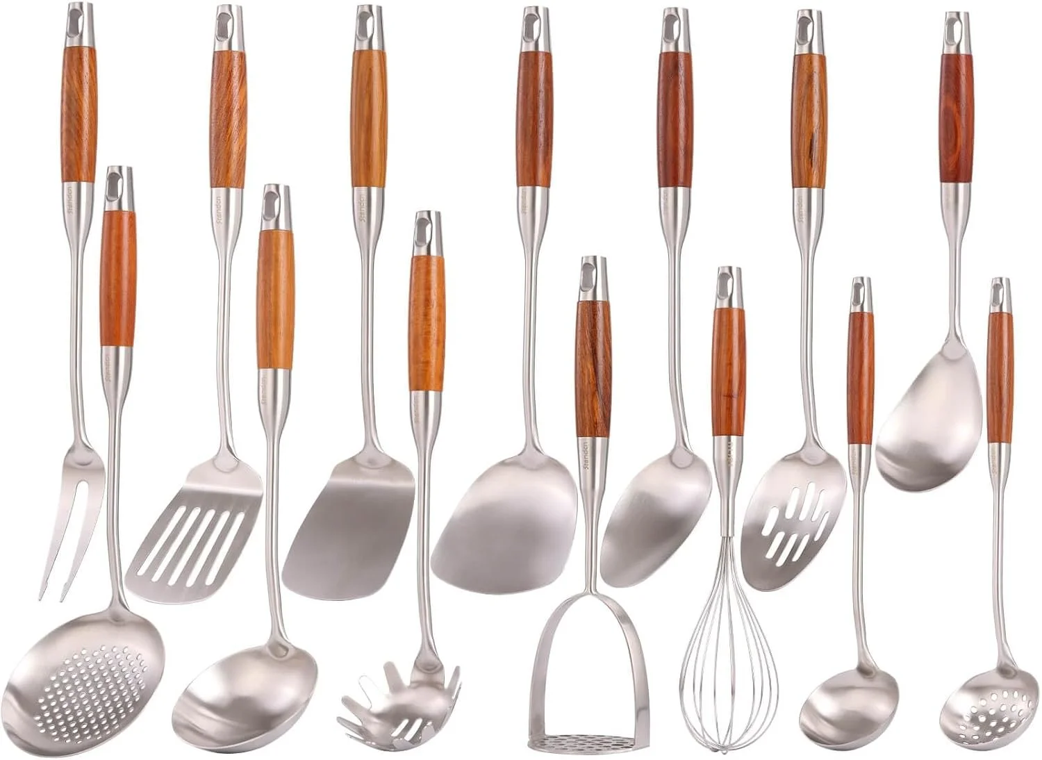 A set of stainless steel kitchen utensils with wooden handles, including a slotted spoon, spatula, ladle, pasta server, potato peeler, and whisk, arranged in a row