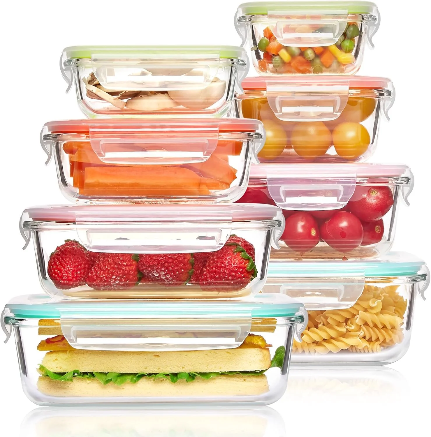Stacked glass food storage containers filled with various fresh fruits, vegetables, pasta, and a sandwich, with clear lids and pastel-colored seals.