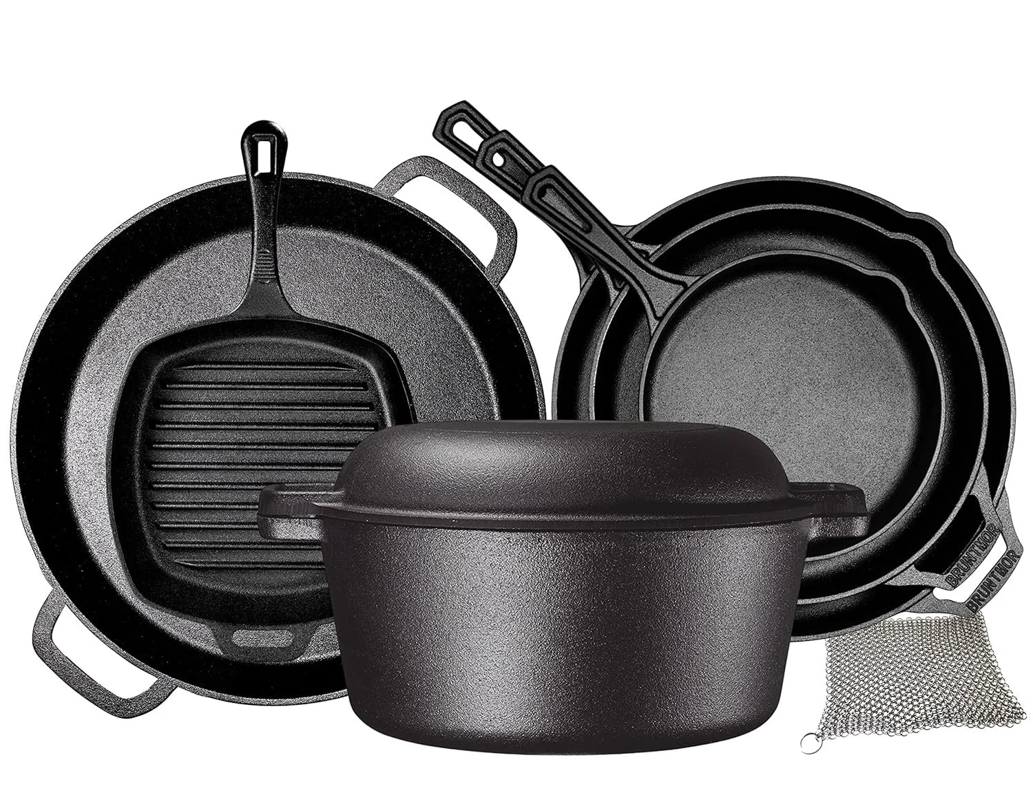 Set of black cast iron cookware including a grill pan, a skillet, a dutch oven, and a splatter screen.