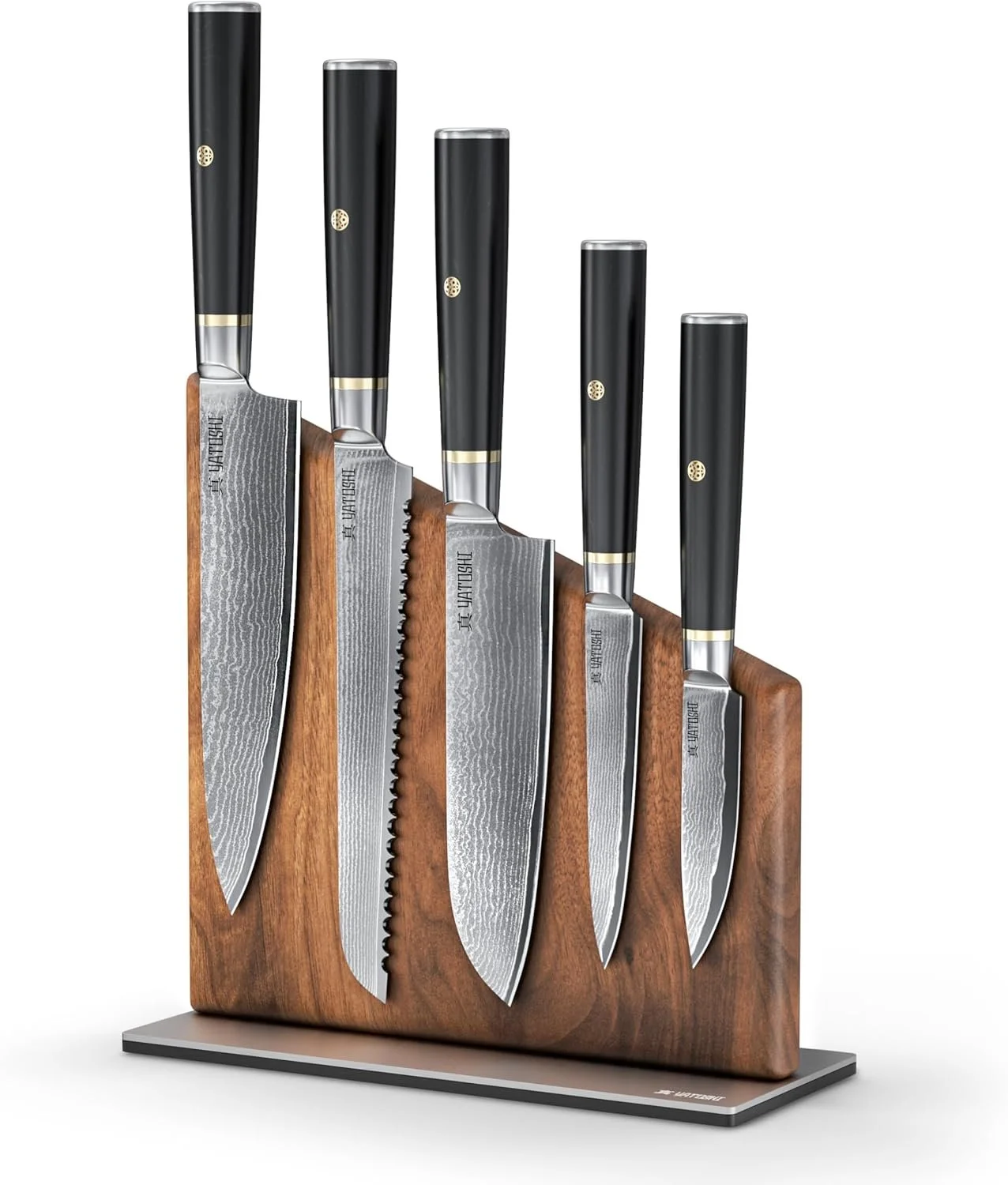 A set of six knives with black handles and metal blades in a wooden knife block.