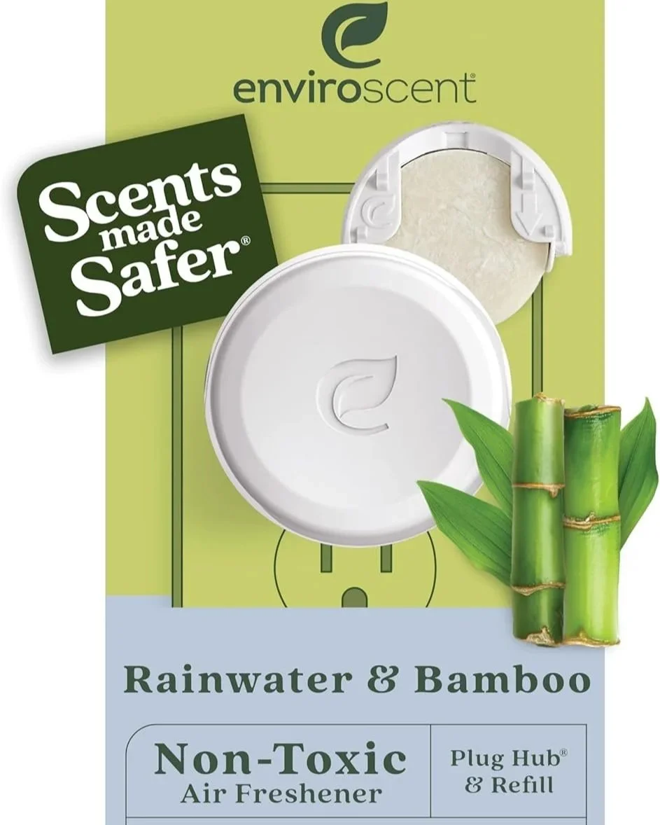 Rainwater and bamboo-scented, non-toxic air freshener by EnviroScent with a plug-in refill, featuring bamboo stalks