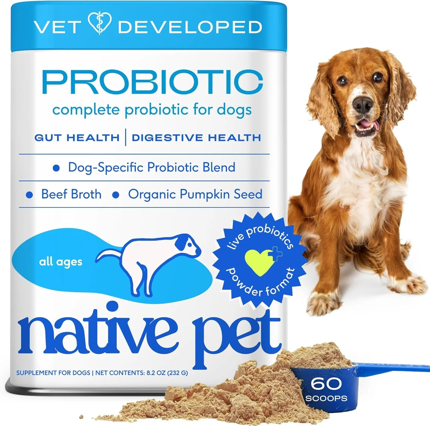 Packaging of Native Pet probiotic powder for dogs with a picture of a dog, pile of probiotic powder, blue scoop with '60 scoops' label, and text highlighting ingredients and benefits.