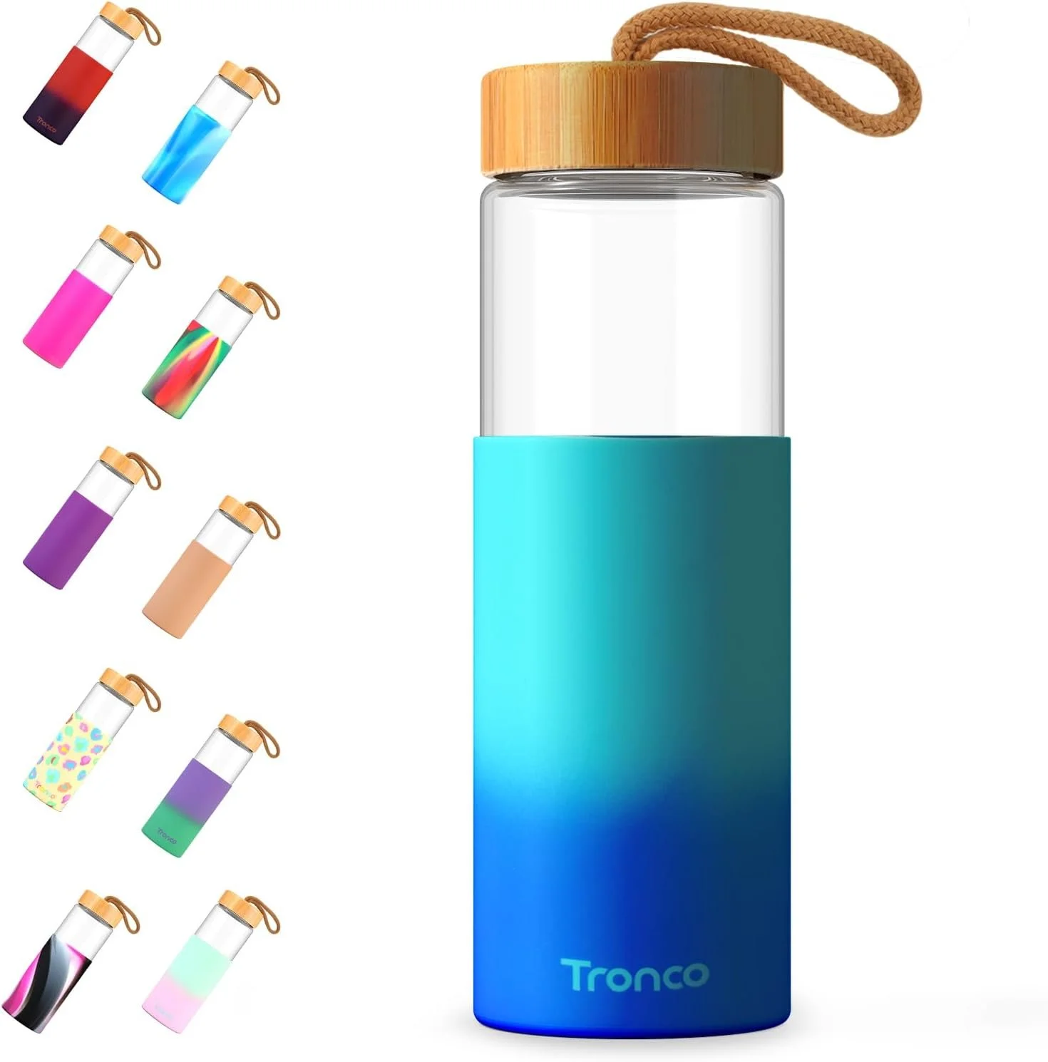 A translucent water bottle with a wooden lid and a brown strap, featuring a gradient blue color, with multiple colorful patterned and solid-colored bottles displayed around it.
