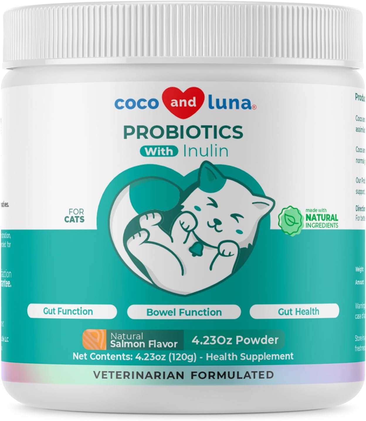 Container of Coco and Luna probiotics with inulin for cats, featuring a cute illustrated cat and highlighting natural ingredients, digest and health benefits.