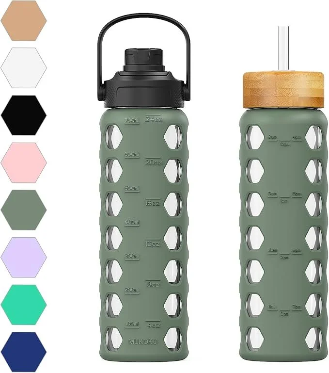 Two green water bottles with cutout design, one with a black lid and handle, and the other with a wooden lid and straw, aligned vertically with measurement markings.