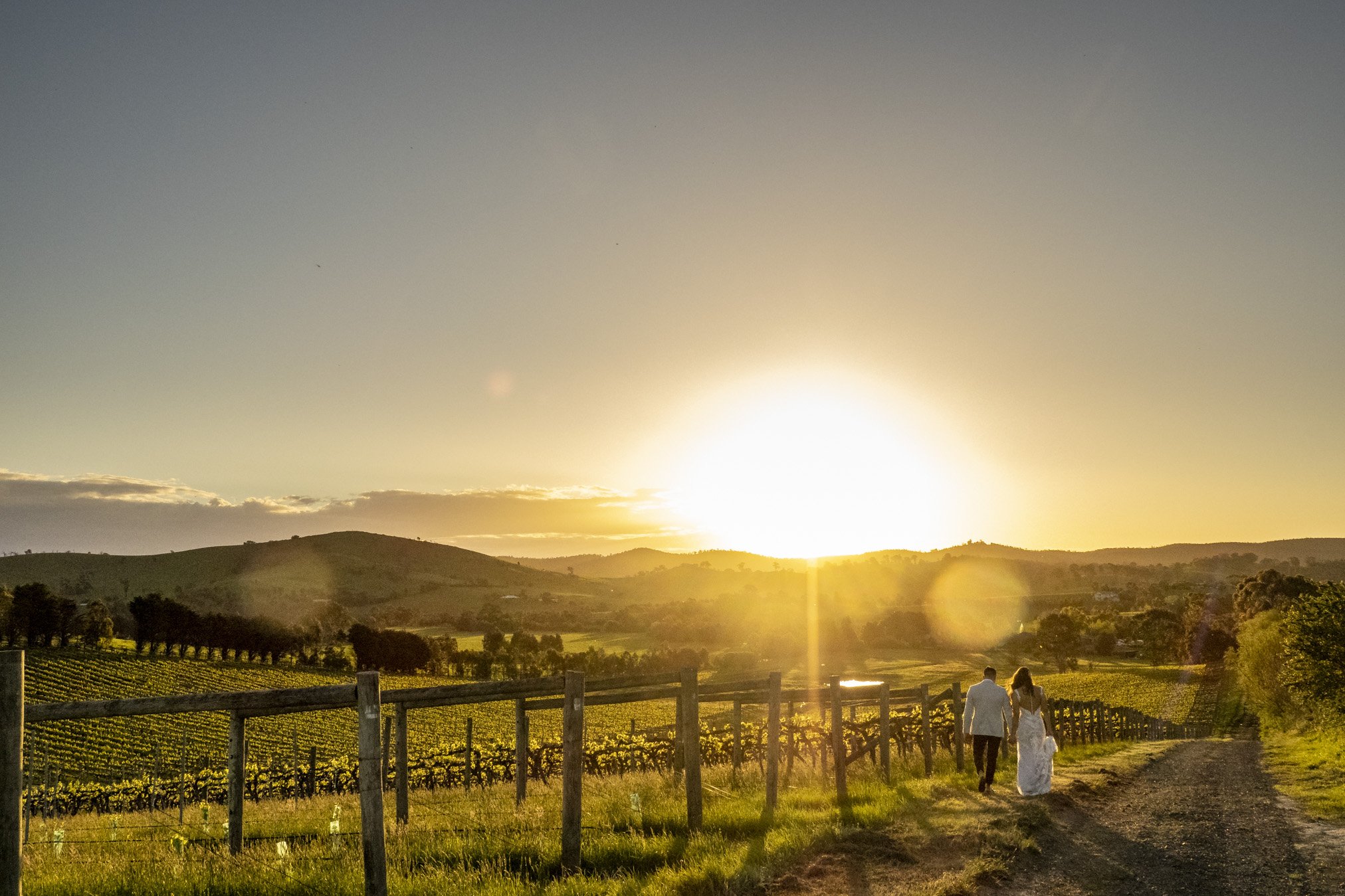 A couple walking along a dirt path through a vineyard at sunset, with rolling hills in the background and the sun low on the horizon.