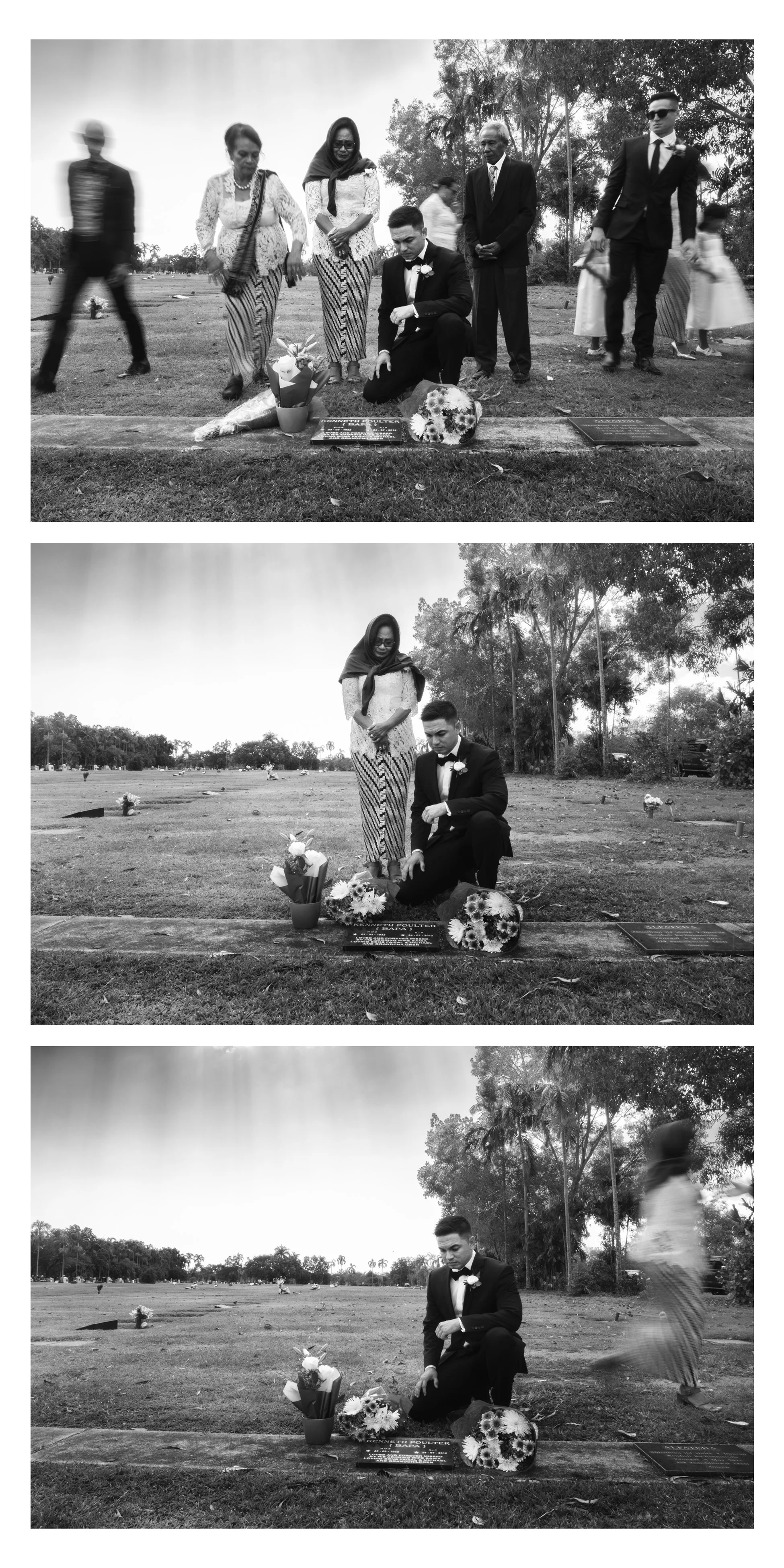 A black and white photo sequence of a memorial or tribute event at a cemetery, featuring a man in a suit placing flowers on a grave, while others observe.