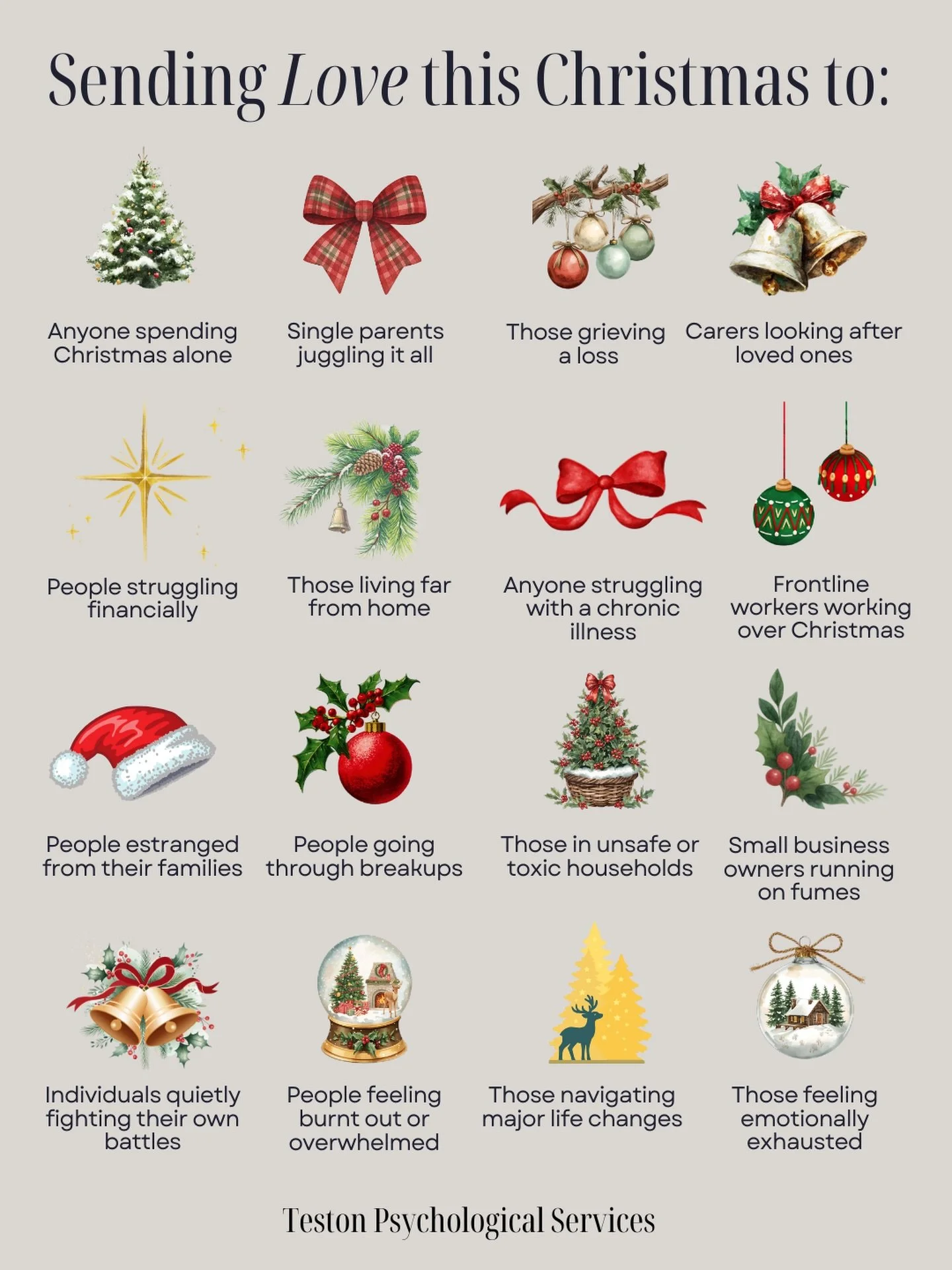 The holidays don&rsquo;t look the same for everyone. If this season feels heavy, lonely, overwhelming, or quietly difficult &mdash; you&rsquo;re not alone.

Sending love to you, exactly where you are. 🤍

&mdash; Teston Psychological Services