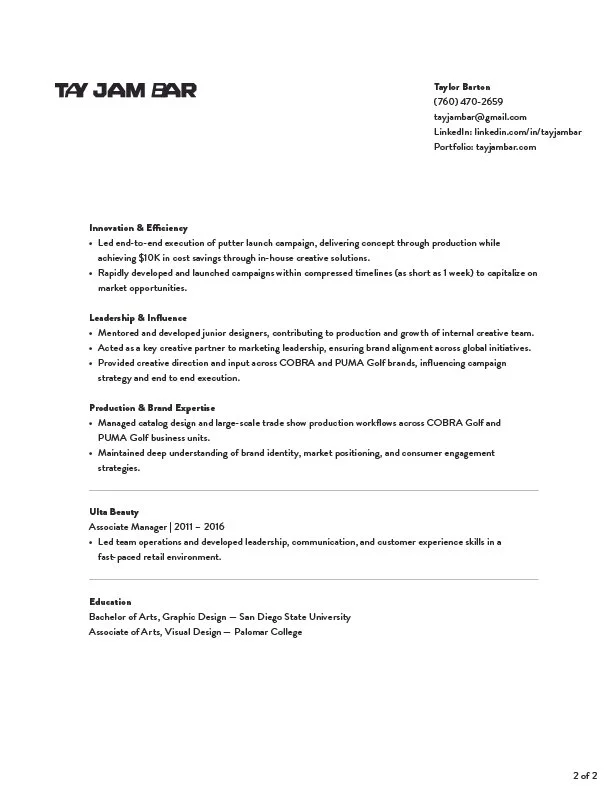 A professional resume/CV for Taylor Barton, includes contact details and sections on Innovation & Efficiency, Leadership & Influence, Production & Brand Expertise, Ultra Beauty, and Education.