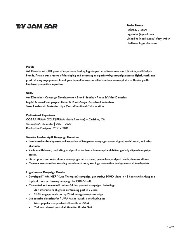 Business resume or portfolio page for Taylor Barton, showcasing professional profile, skills, experience, creative leadership, and campaign results, with contact information and online profiles.