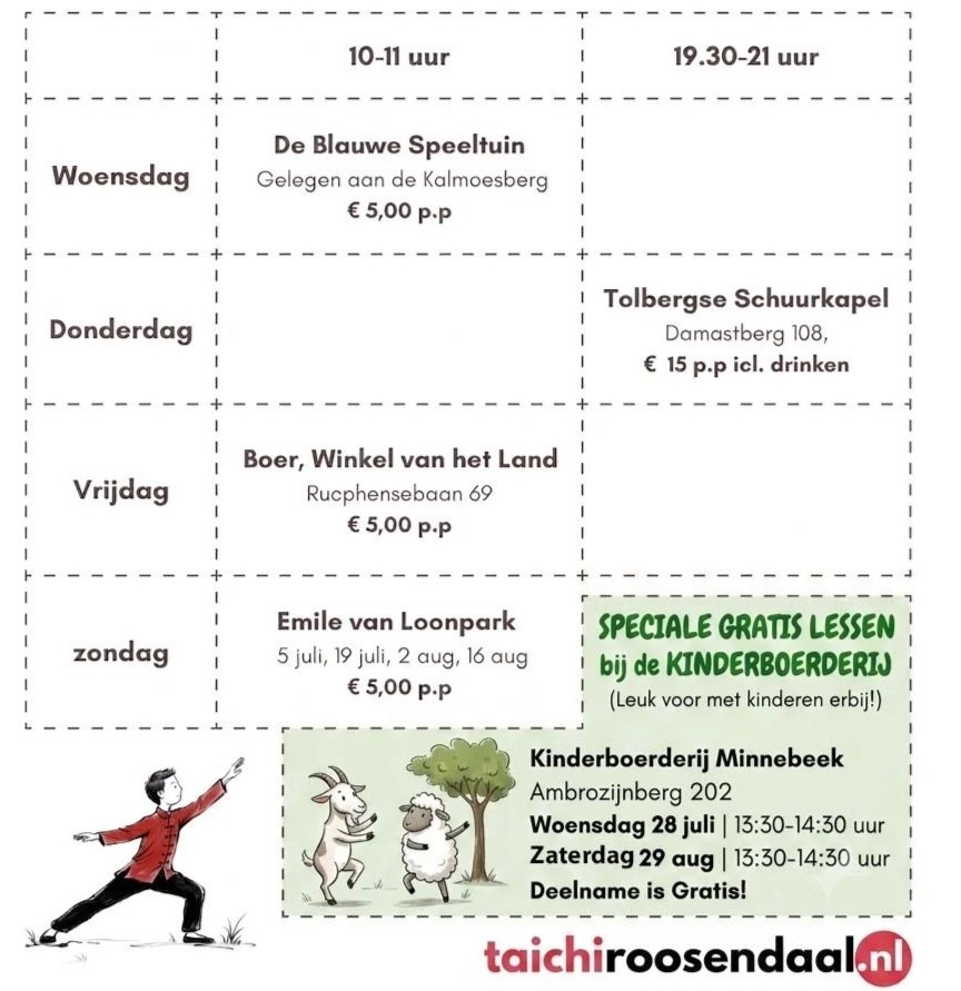 In juli en augustus trainen wij buiten: donderdag bij de Tolbergse Schuurkapel, vrijdag bij Boer, ‘winkel van het land’, en om de week op zondag in het Emile van Loonpark.