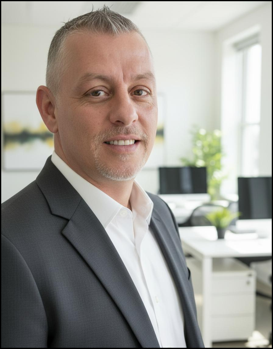 A middle-aged man with short gray hair and a light beard wearing a dark suit and white shirt standing in a bright office with desks, chairs, and plants.