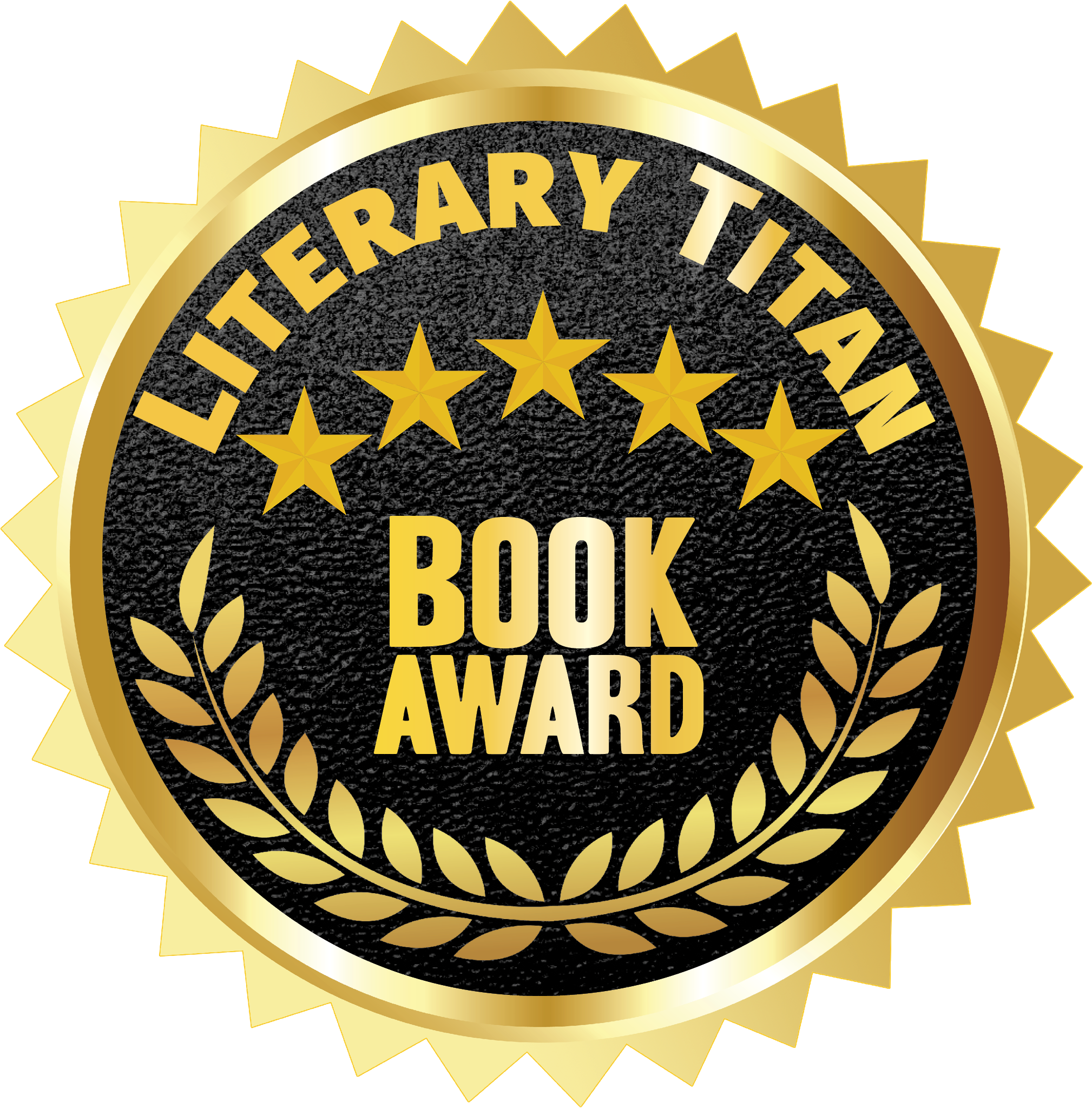 Gold and black circular badge with five stars and laurel branches, reading 'Literary Tank Book Award'.