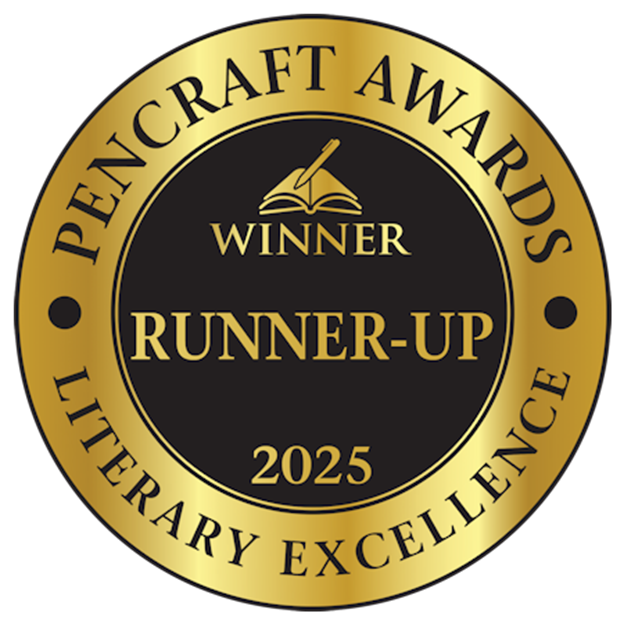 A gold circular badge with black center, featuring the text "PenCraft Awards" and "Literary Excellence" around the edge. Inside, it says "Winner" at the top, "Runner-Up" in the middle, and "2025" at the bottom. There is also an icon of a pen and open