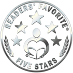 A circular badge with the text 'Readers' Favorite Five Stars' around the top. It features a heart with an open book inside, surrounded by stars and laurel branches.