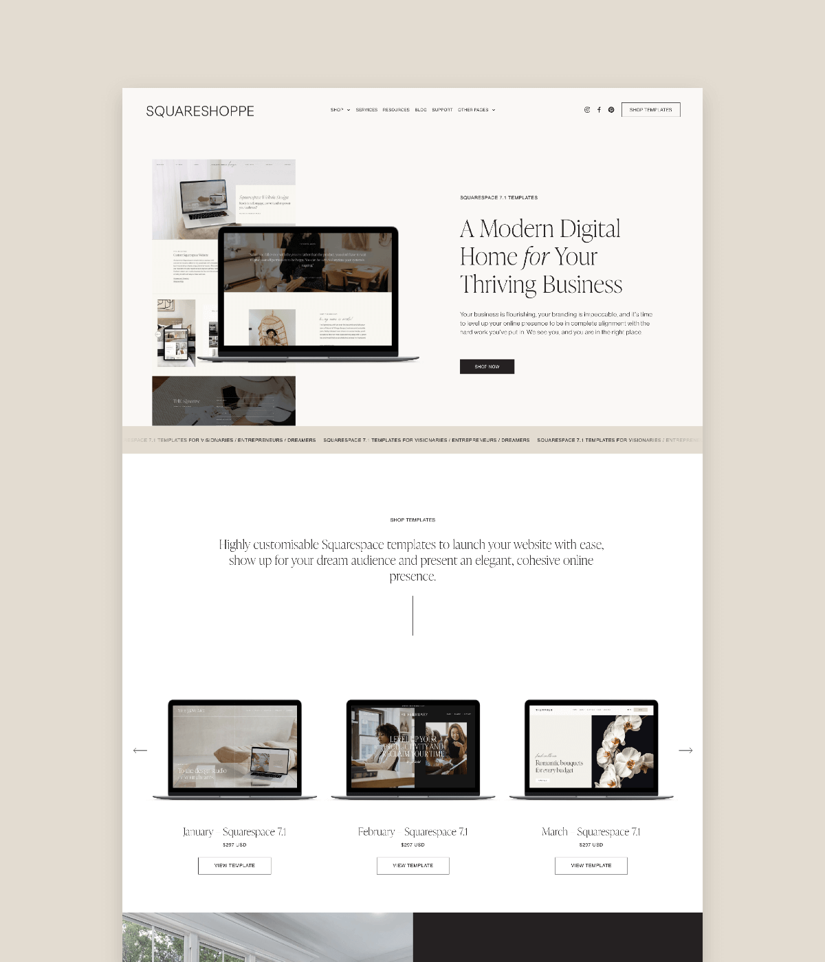 Screenshot of website displaying Squarespace templates with header "SQUARESHOPPE." Features laptops showcasing various template designs, promotional text highlighting "A Modern Digital Home for Your Thriving Business," and buttons for viewing templates.