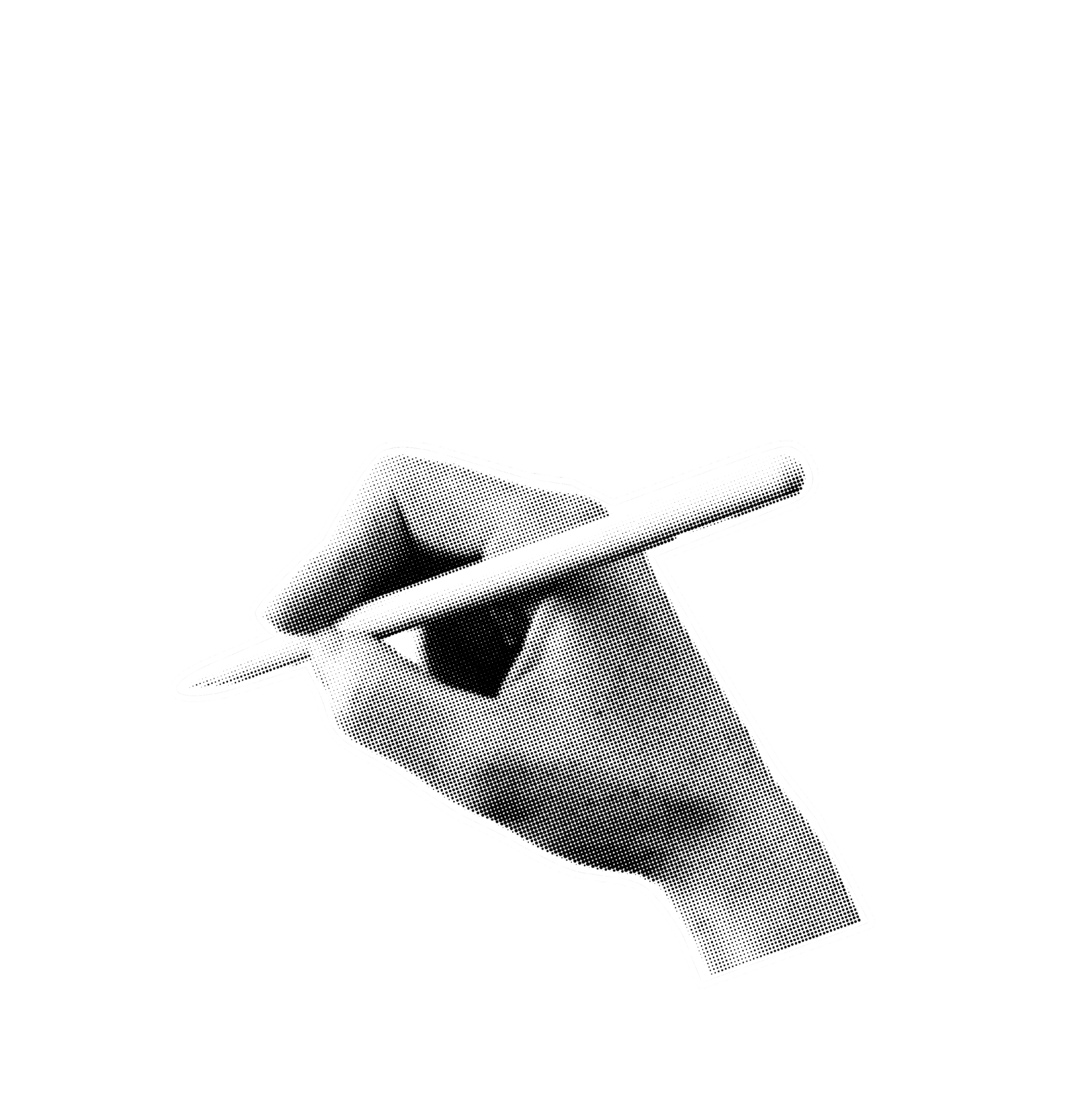 Black and white graphic of a hand holding a pencil, with dotted shading, against a black background.