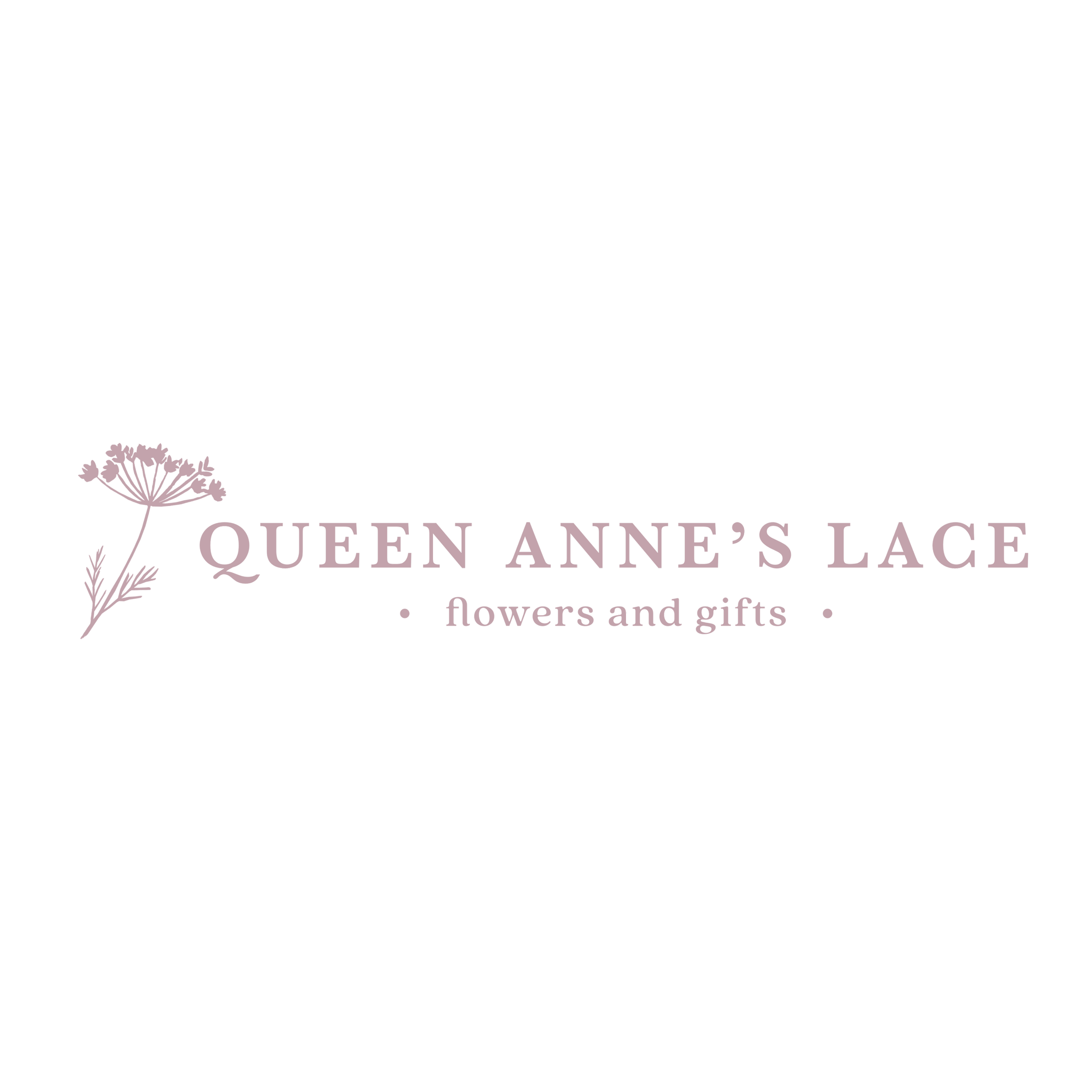 Logo for Queen Anne's Lace flowers and gifts, featuring a purple flower illustration and text on a black background.