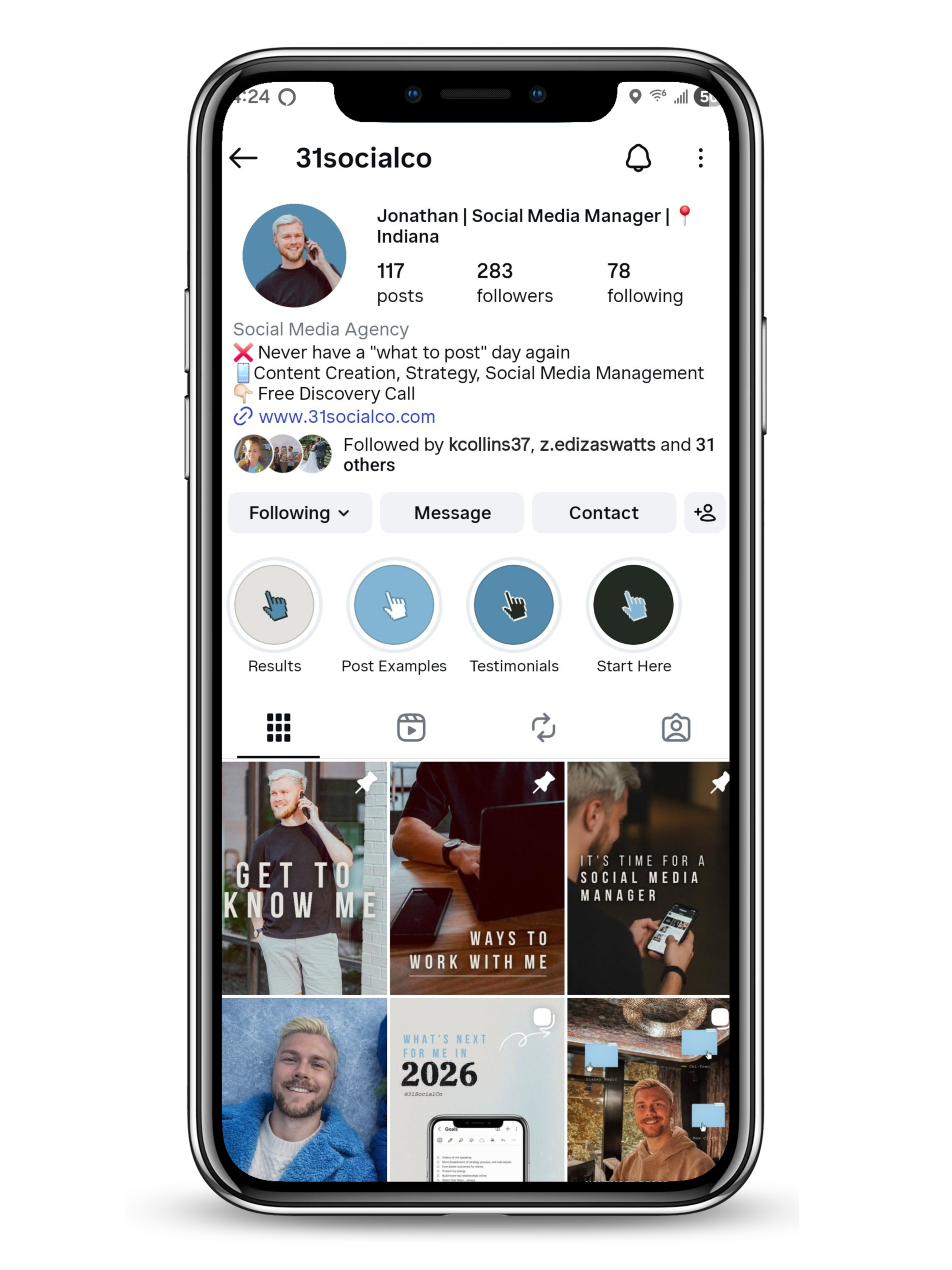 Smartphone displaying an Instagram profile page of Jonathan, a social media manager from Indiana, with profile details, posts, and stories.