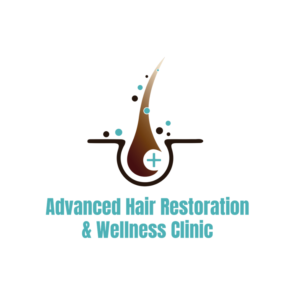 Logo of a stylized hair follicle with a needle, representing hair restoration, accompanied by the text 'Advanced Hair Restoration & Wellness Clinic' in blue.