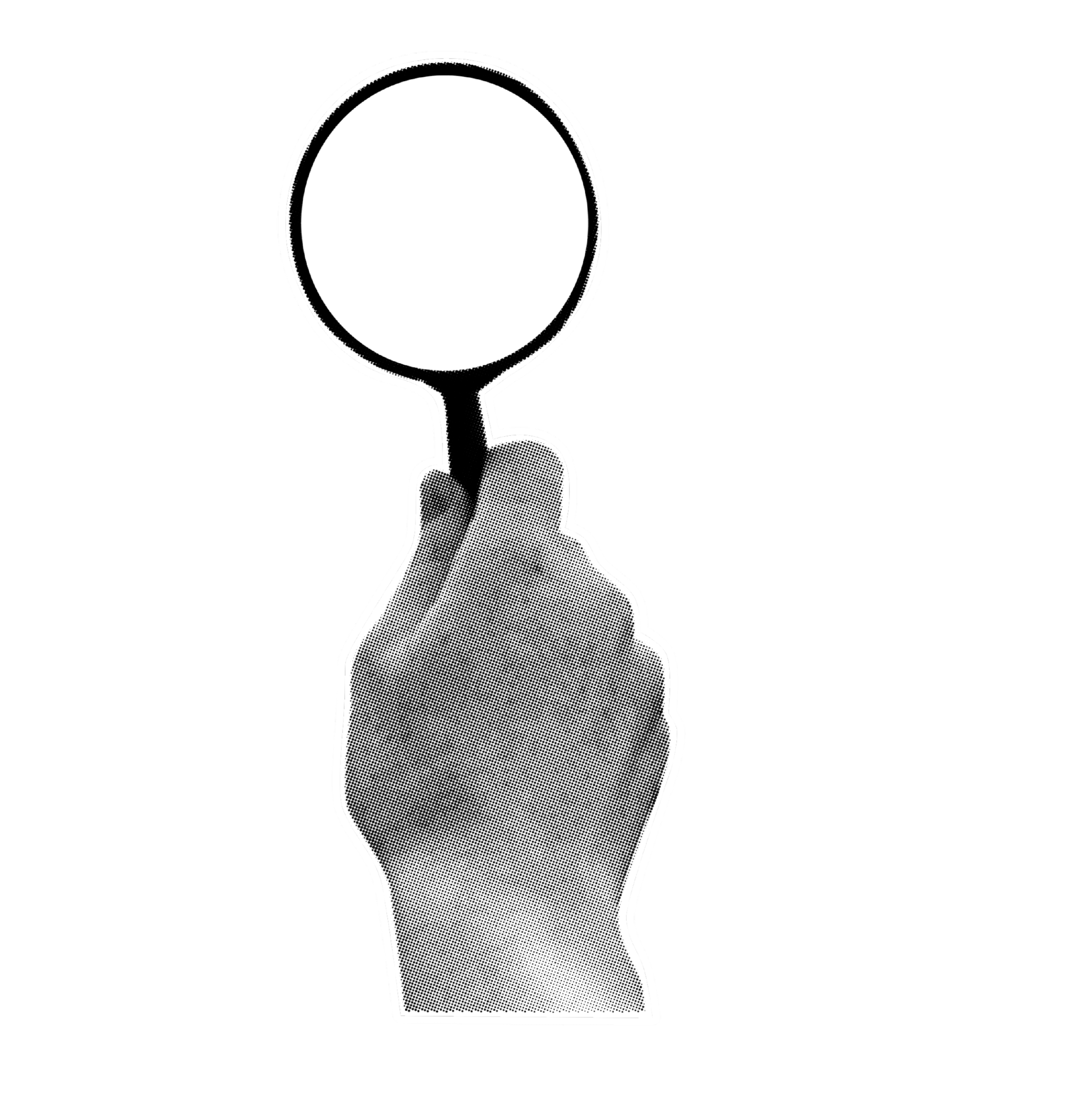 A black and white illustration of a hand holding a magnifying glass.