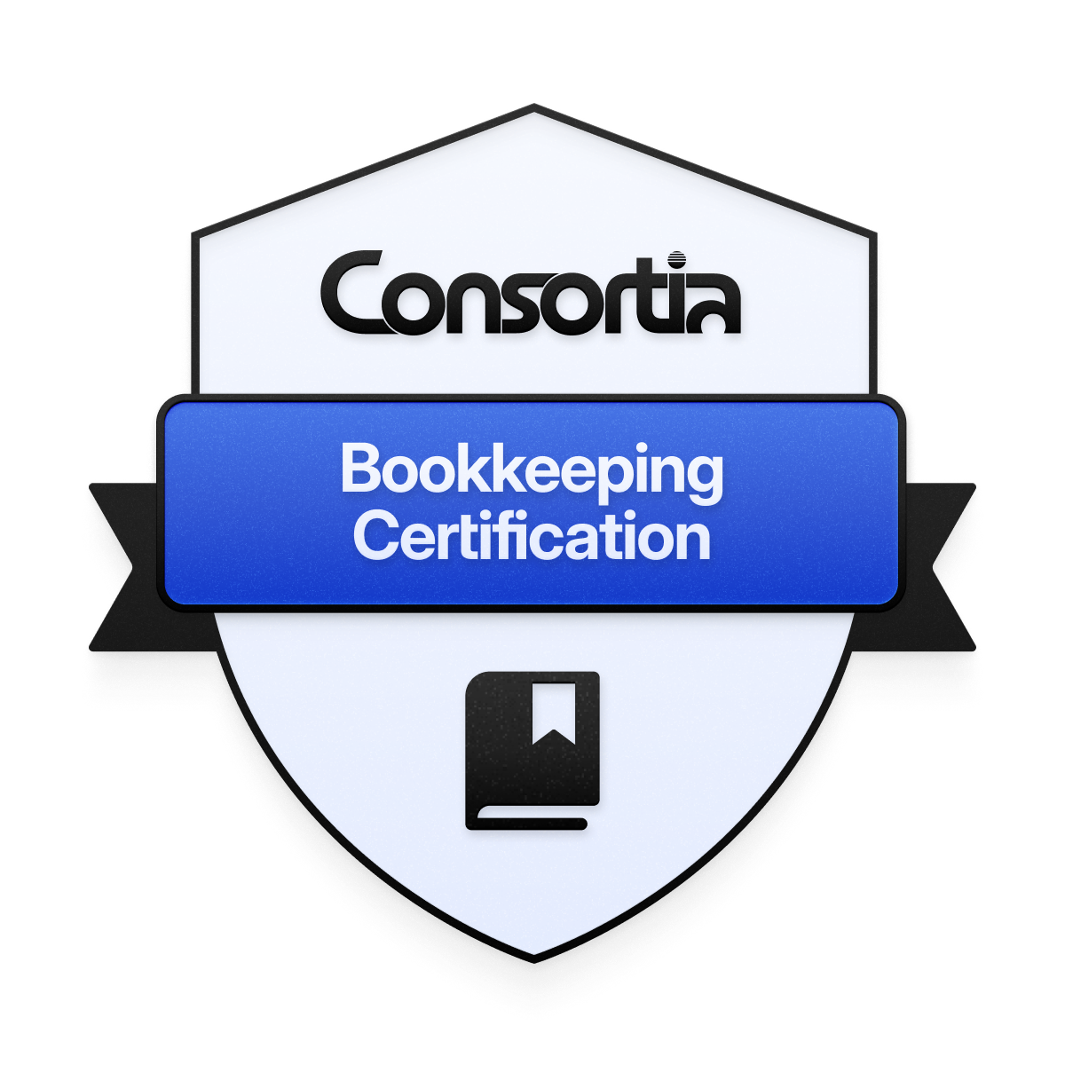 A badge with the text "Consortia" at the top, a blue ribbon with the words "Bookkeeping Certification" in the middle, and a small book icon at the bottom.