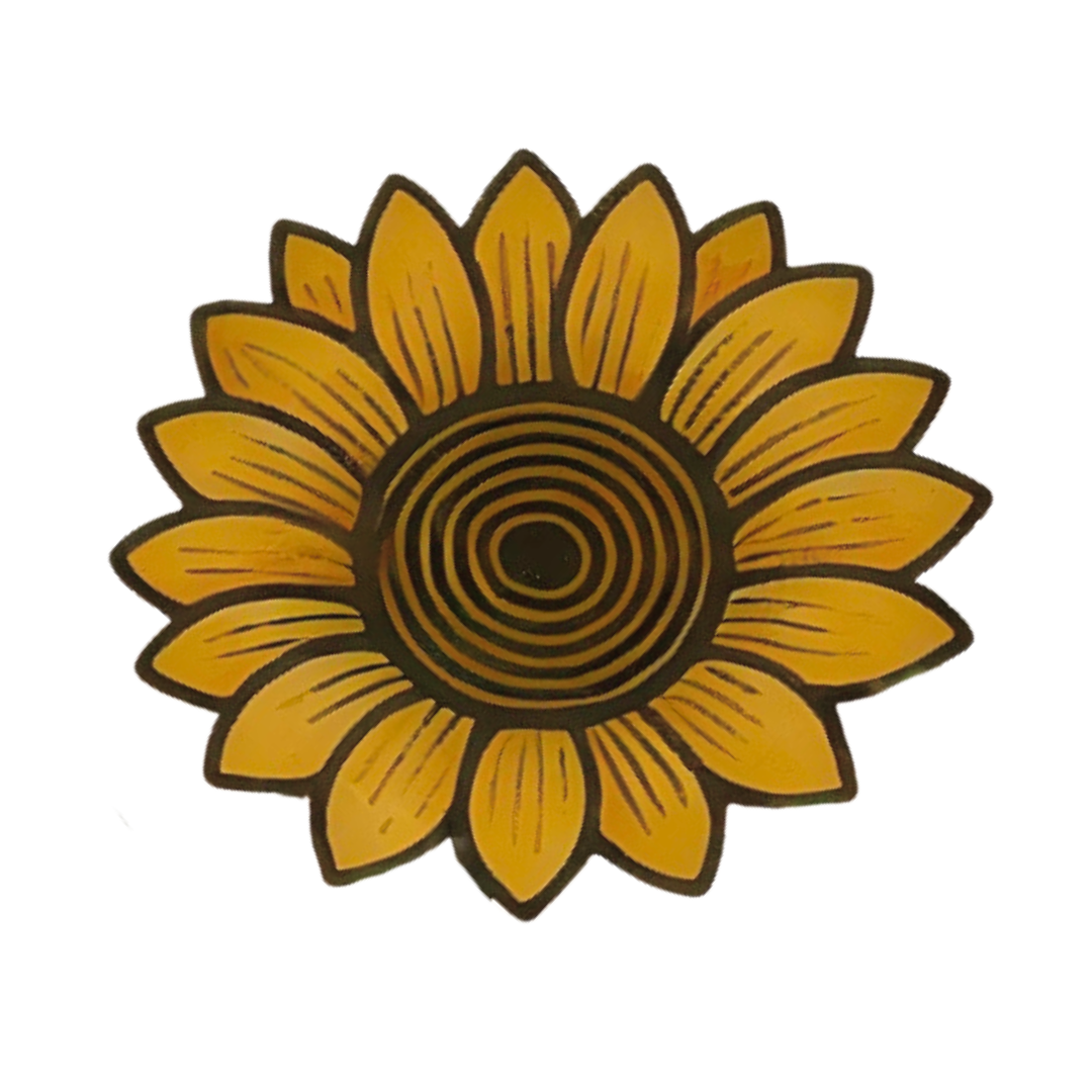 Decorative sunflower with yellow petals and a black and yellow concentric circle center.