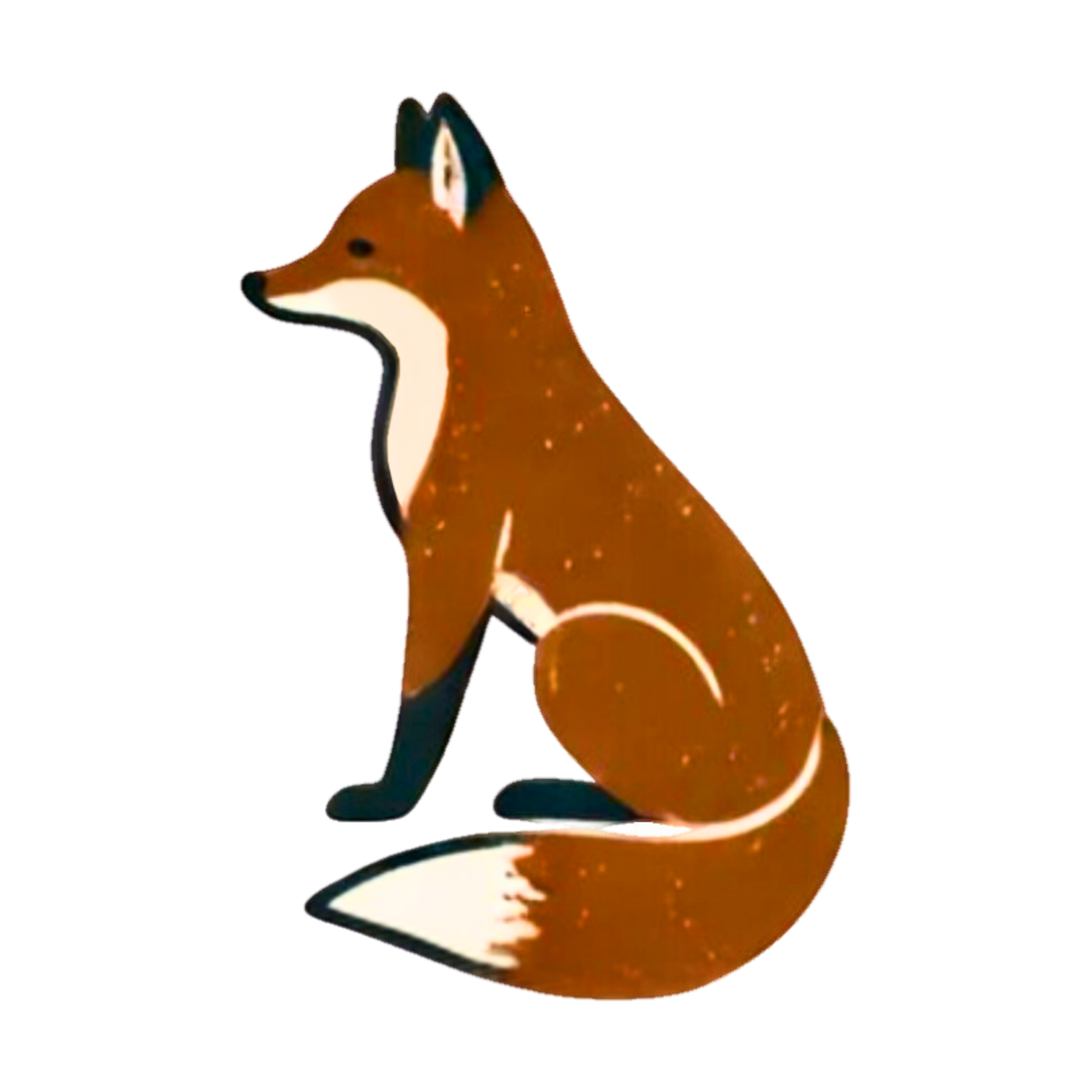 Illustration of a sitting fox, with a brown body, white belly, black legs and ears, and a white-tipped tail.