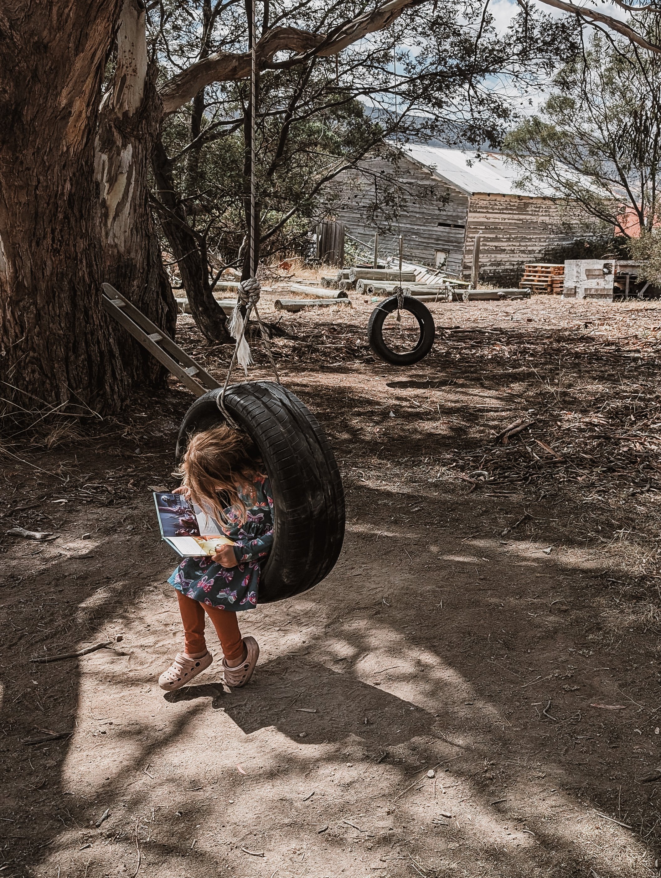 A young child sitting on a sire swing reading a book